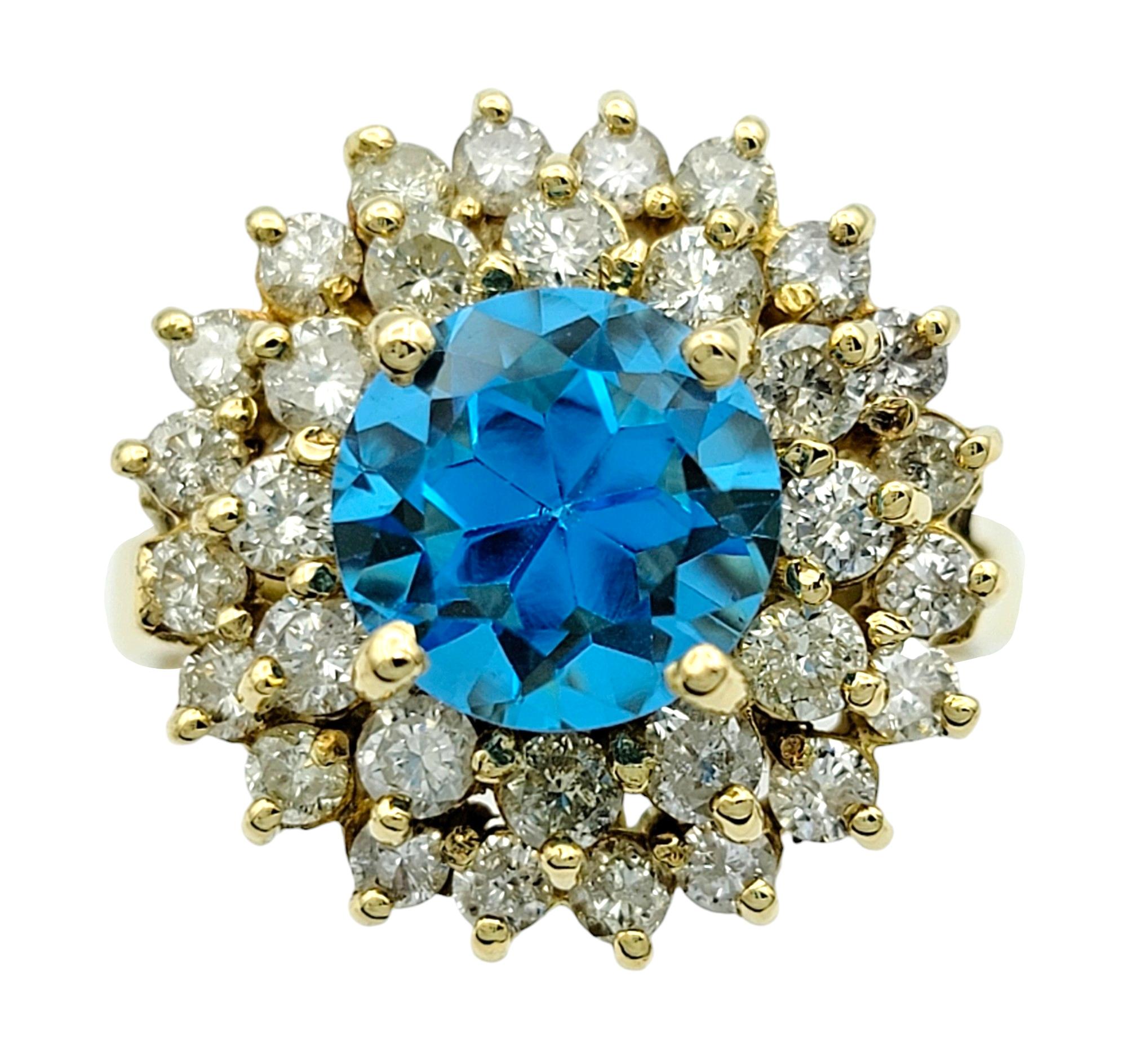 Round Cut Round Blue Topaz and Double Diamond Halo Cocktail Ring in 18 Karat Yellow Gold For Sale