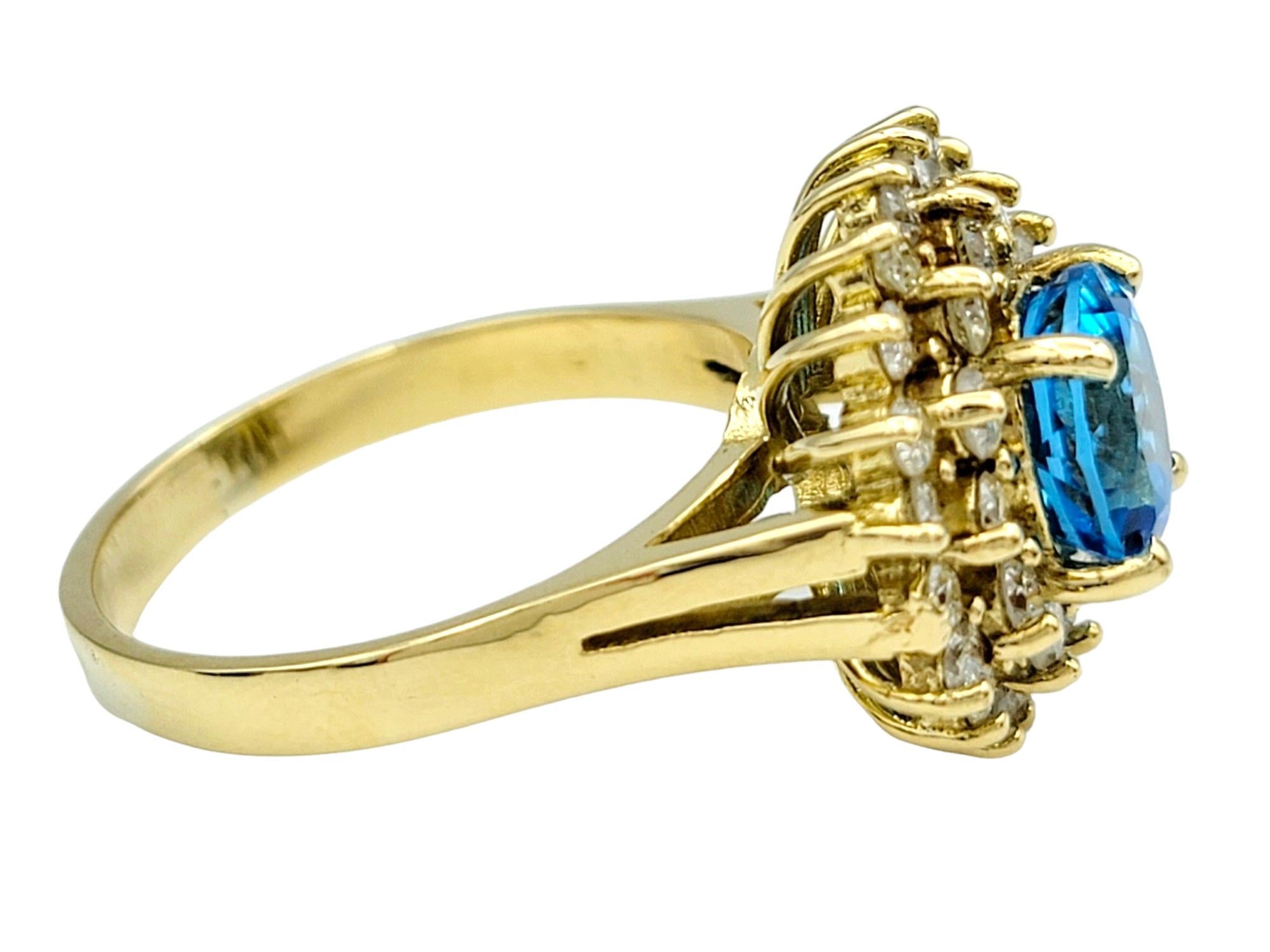 Round Blue Topaz and Double Diamond Halo Cocktail Ring in 18 Karat Yellow Gold In Good Condition For Sale In Scottsdale, AZ