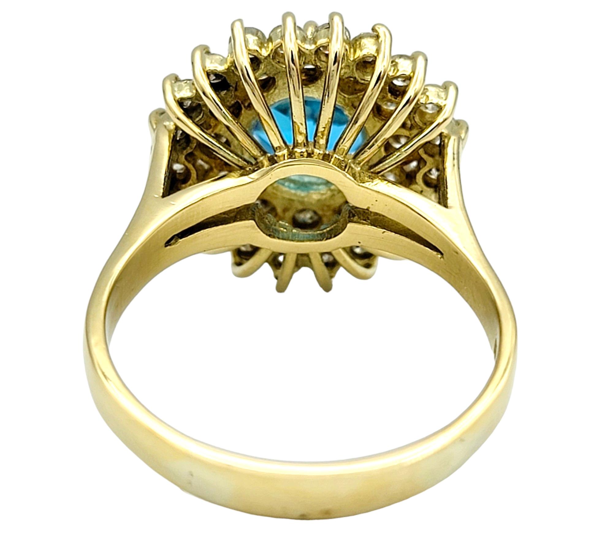 Women's Round Blue Topaz and Double Diamond Halo Cocktail Ring in 18 Karat Yellow Gold For Sale