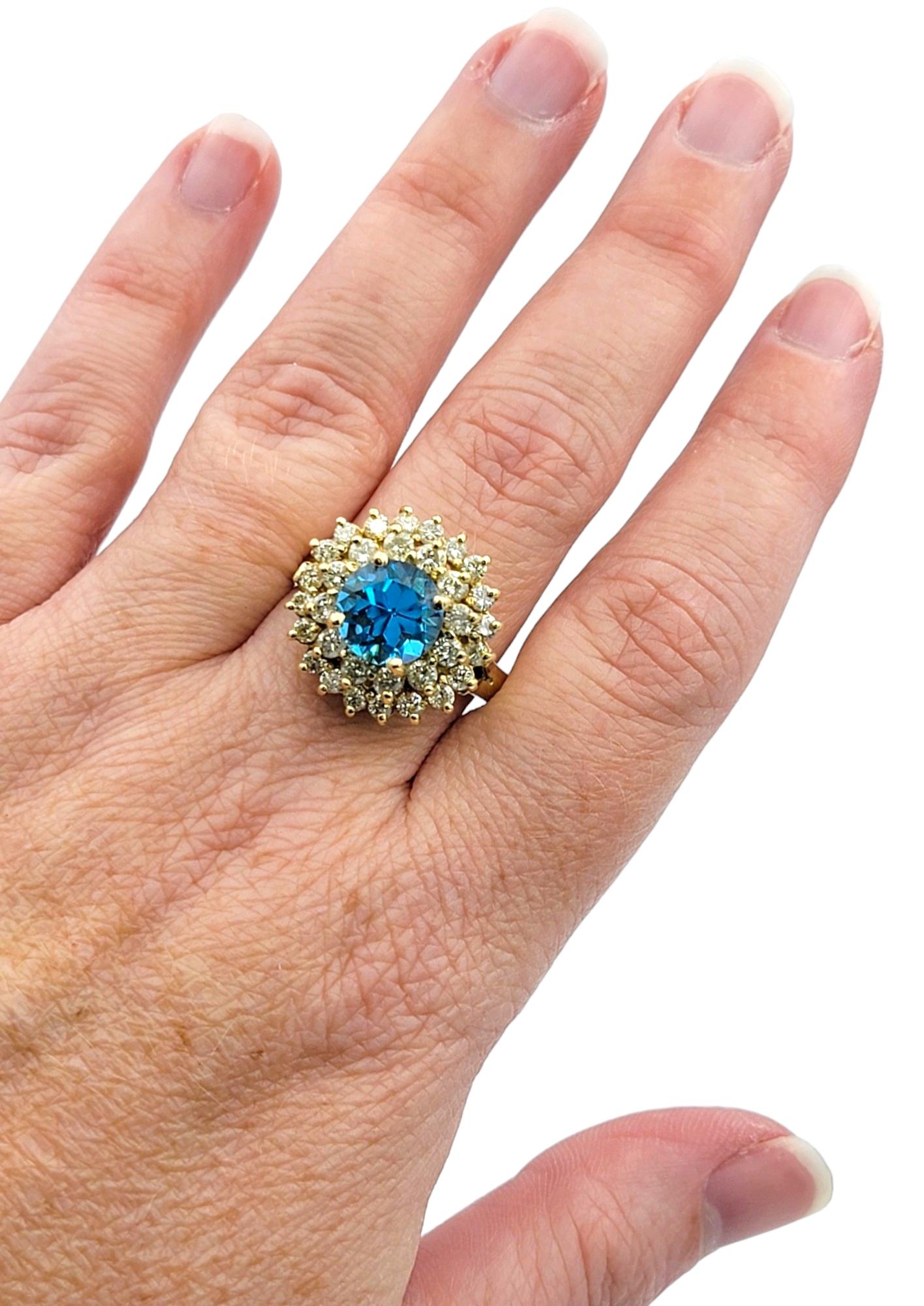 Round Blue Topaz and Double Diamond Halo Cocktail Ring in 18 Karat Yellow Gold For Sale 2