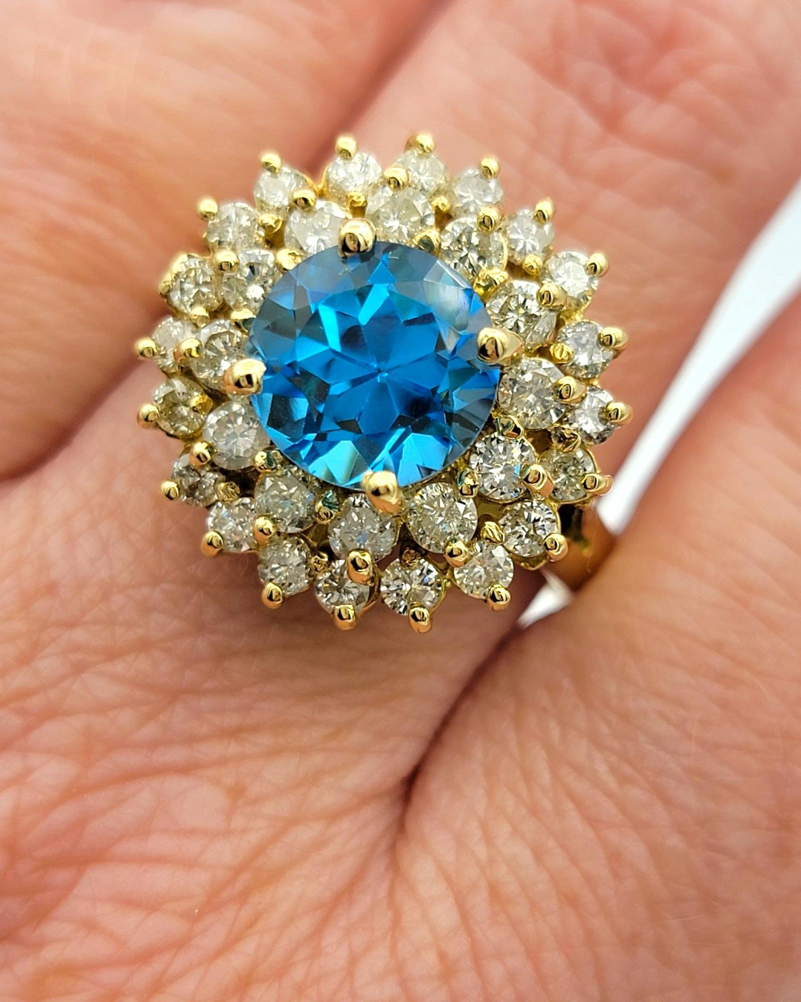 Round Blue Topaz and Double Diamond Halo Cocktail Ring in 18 Karat Yellow Gold For Sale 3