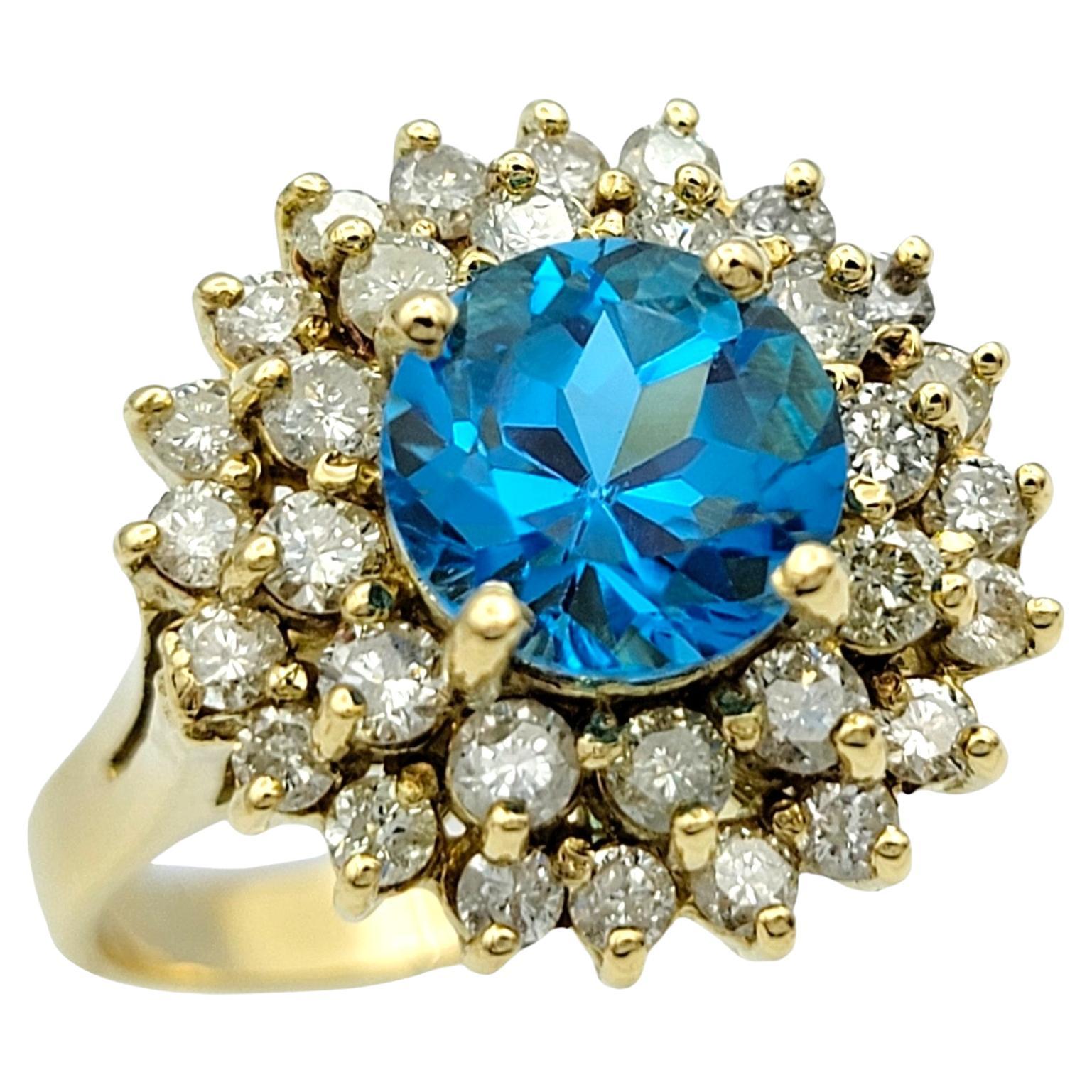 Round Blue Topaz and Double Diamond Halo Cocktail Ring in 18 Karat Yellow Gold For Sale