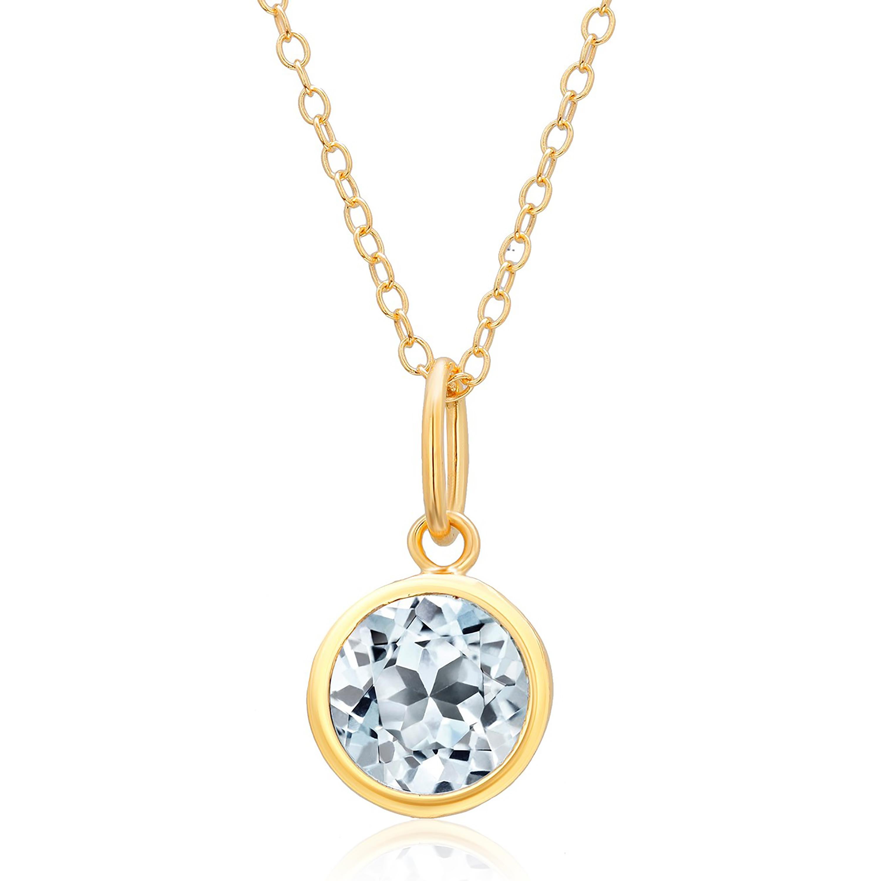Contemporary Round Blue Topaz Bezel Set Silver Pendant Necklace Yellow Gold-Plated