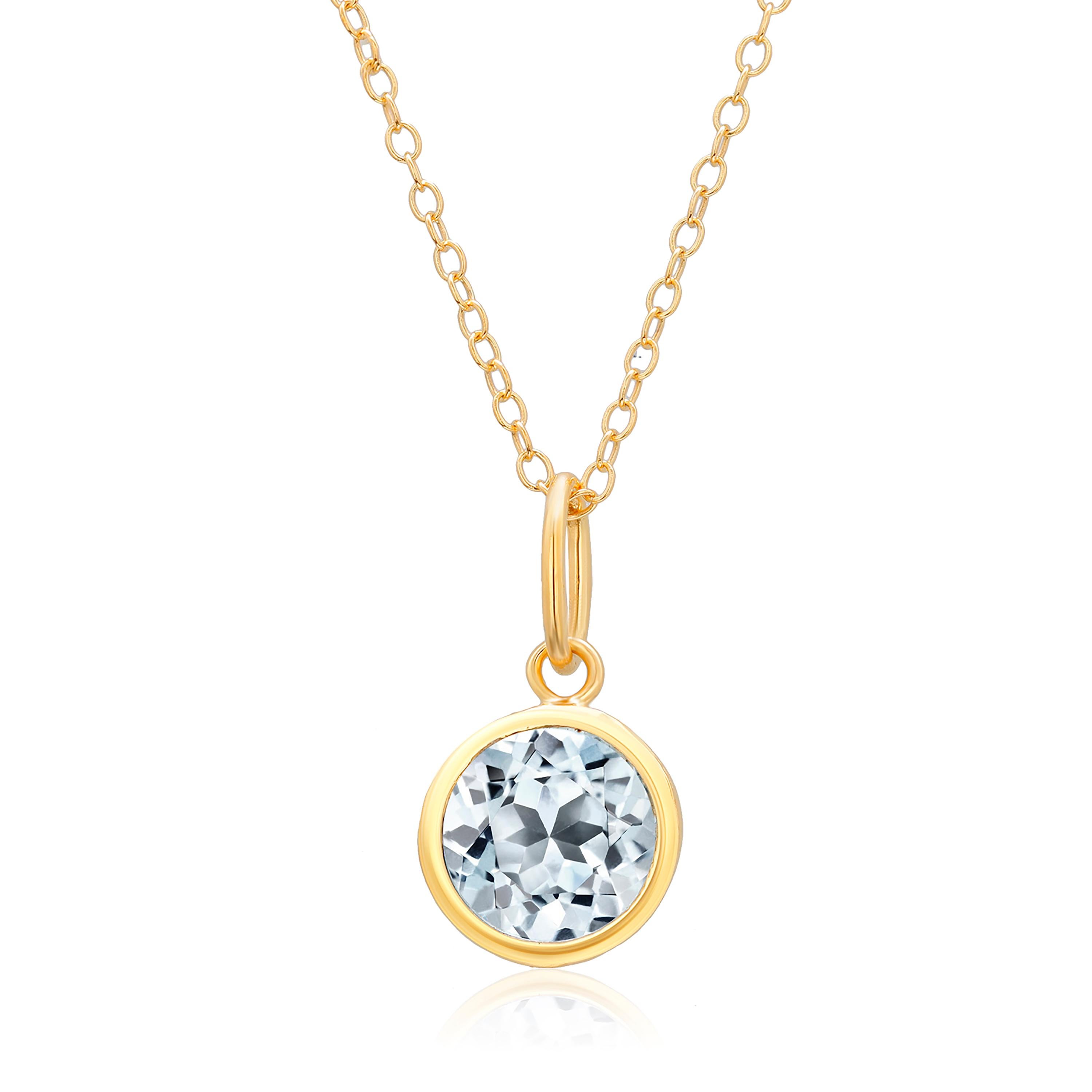 Round Cut Round Blue Topaz Bezel Set Silver Pendant Necklace Yellow Gold-Plated