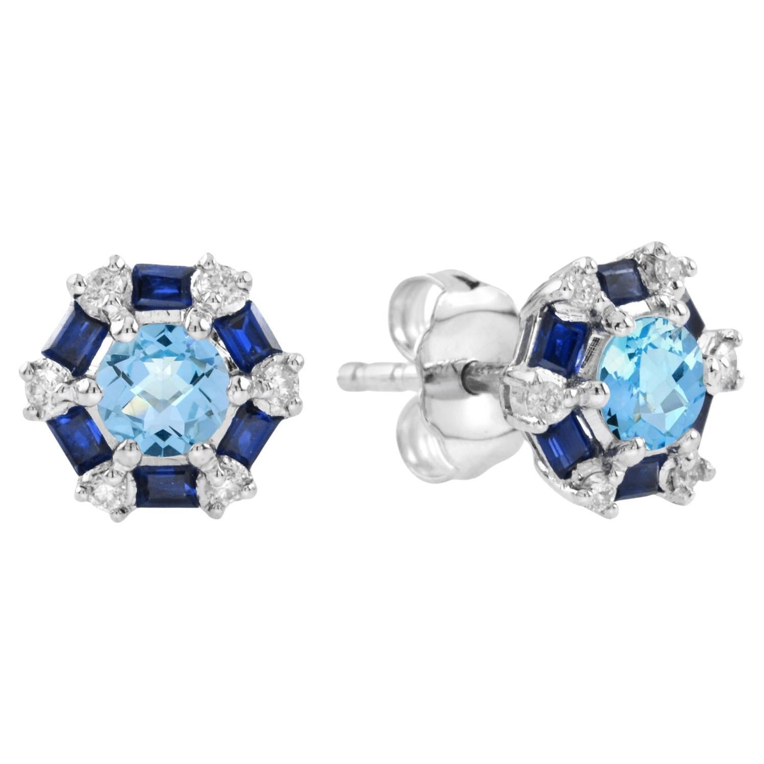 Boucles d'oreilles en or blanc 14K avec topaze bleue ronde, saphir bleu et diamant Target