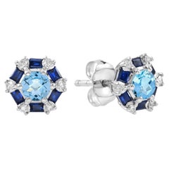 Boucles d'oreilles en or blanc 14K avec topaze bleue ronde, saphir bleu et diamant Target