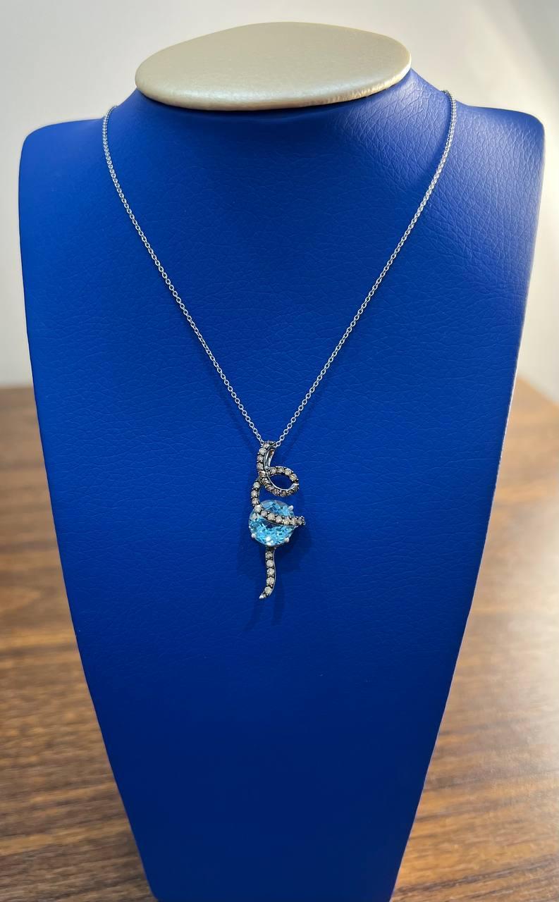 Round Blue Topaz Champagne Diamonds Halo 14K White Gold Drop Pendant Necklace For Sale 5