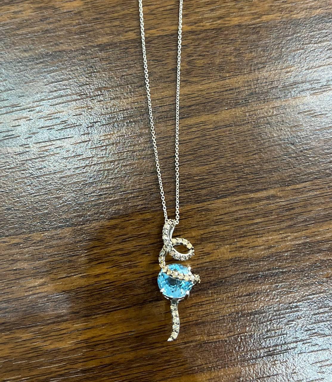 Mixed Cut Round Blue Topaz Champagne Diamonds Halo 14K White Gold Drop Pendant Necklace For Sale