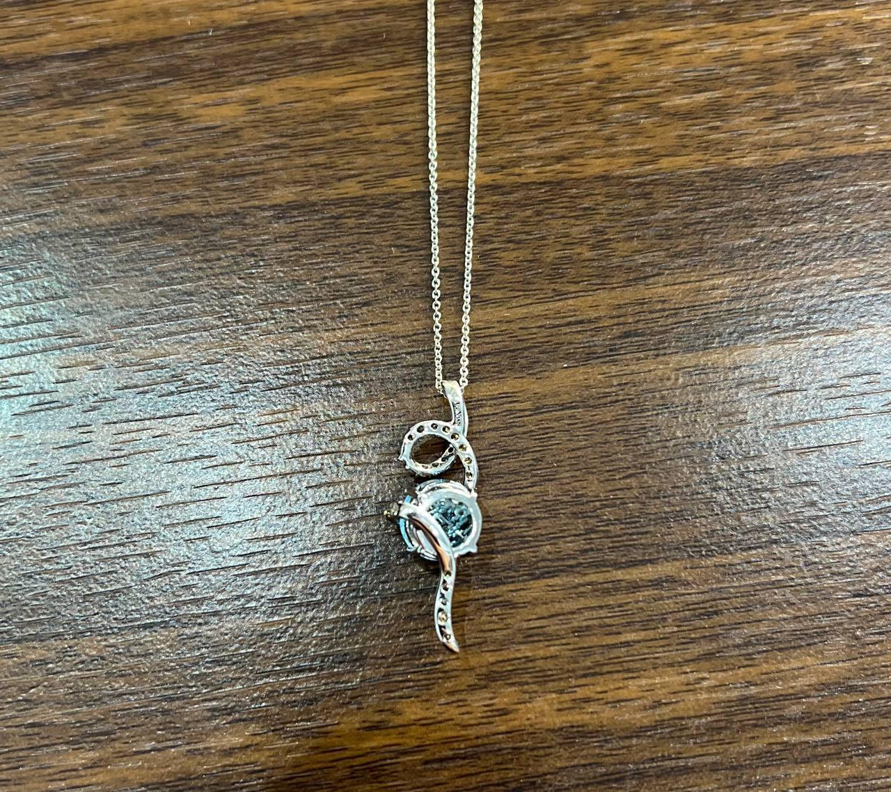 Round Blue Topaz Champagne Diamonds Halo 14K White Gold Drop Pendant Necklace In New Condition For Sale In Oakton, VA