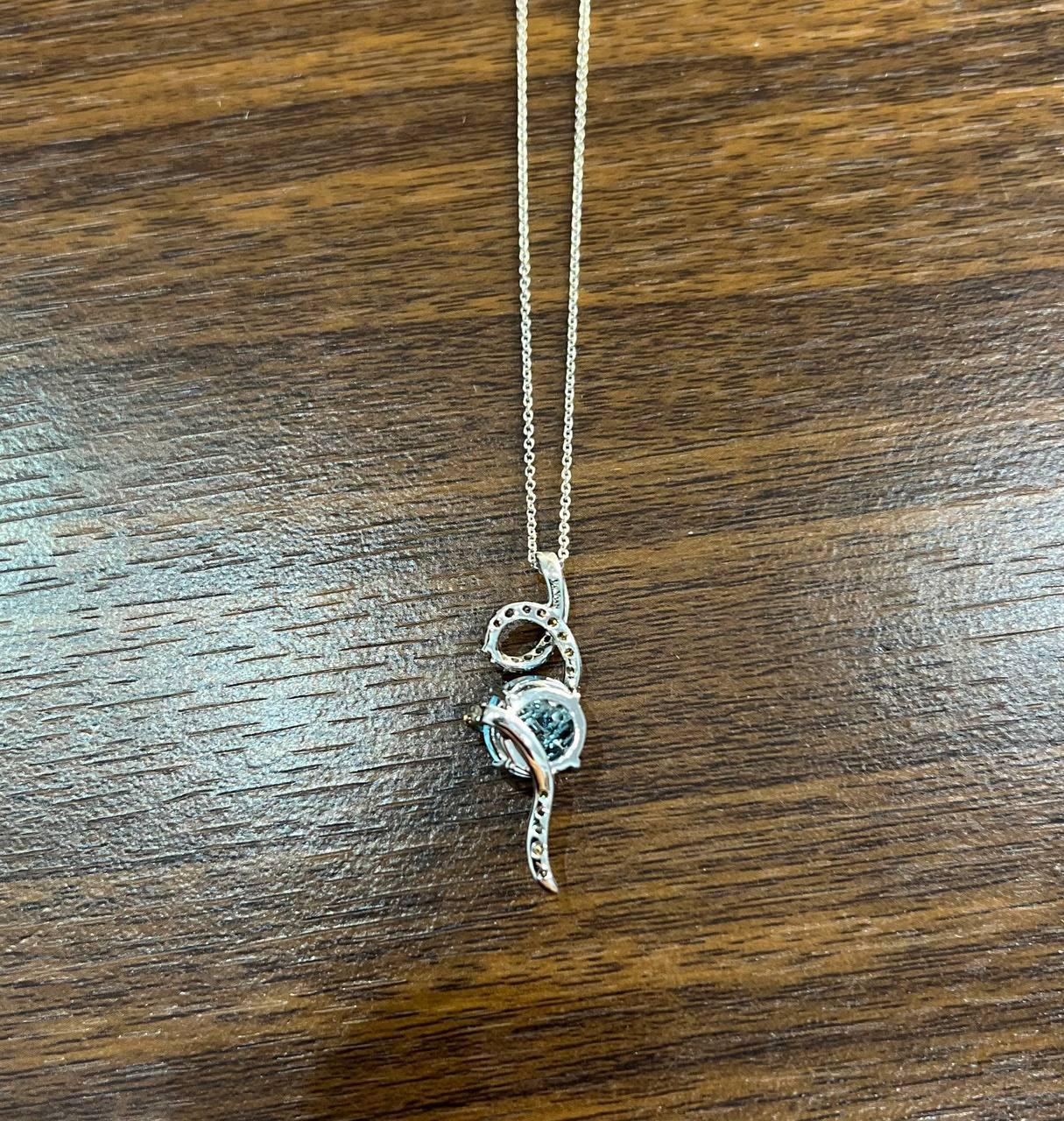Women's Round Blue Topaz Champagne Diamonds Halo 14K White Gold Drop Pendant Necklace For Sale