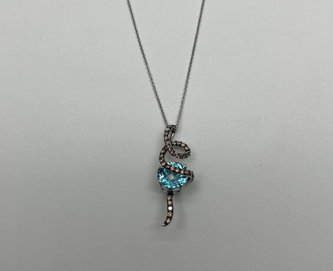 Round Blue Topaz Champagne Diamonds Halo 14K White Gold Drop Pendant Necklace For Sale 1
