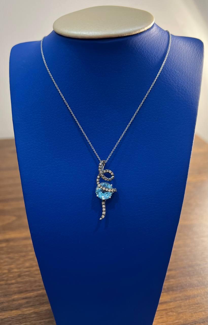 Round Blue Topaz Champagne Diamonds Halo 14K White Gold Drop Pendant Necklace For Sale 4