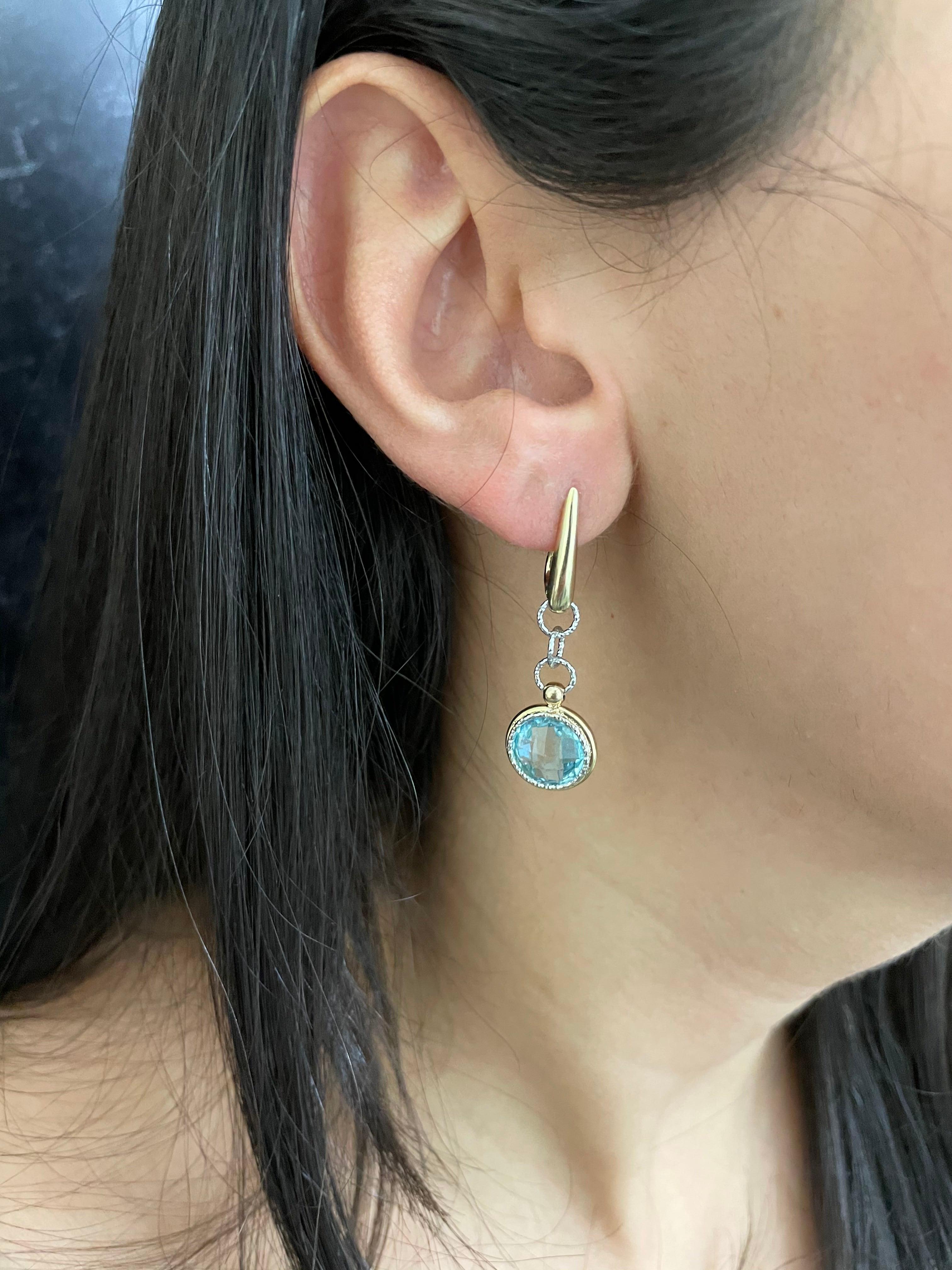 Contemporary Round Blue Topaz Dangle Earrings 14 Karat Yellow Gold For Sale