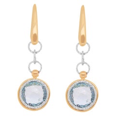 Round Blue Topaz Dangle Fashion Earrings 14 Karat Yellow Gold