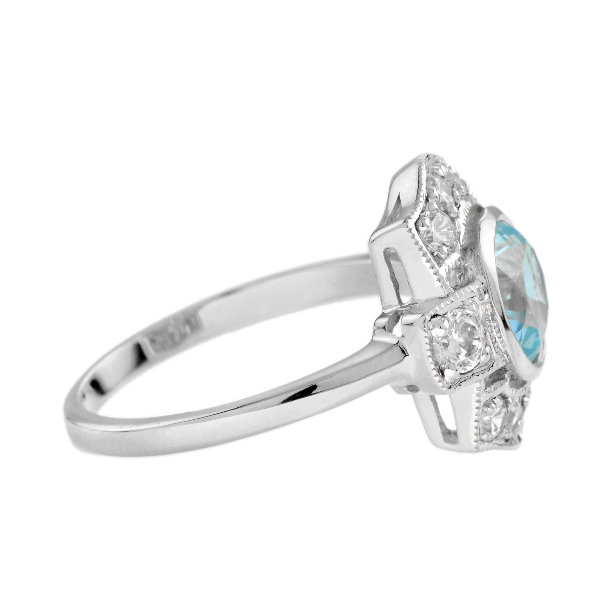 Cushion Cut Round Blue Topaz & Diamond Art Deco Style Halo 14K White Gold Ring For Sale