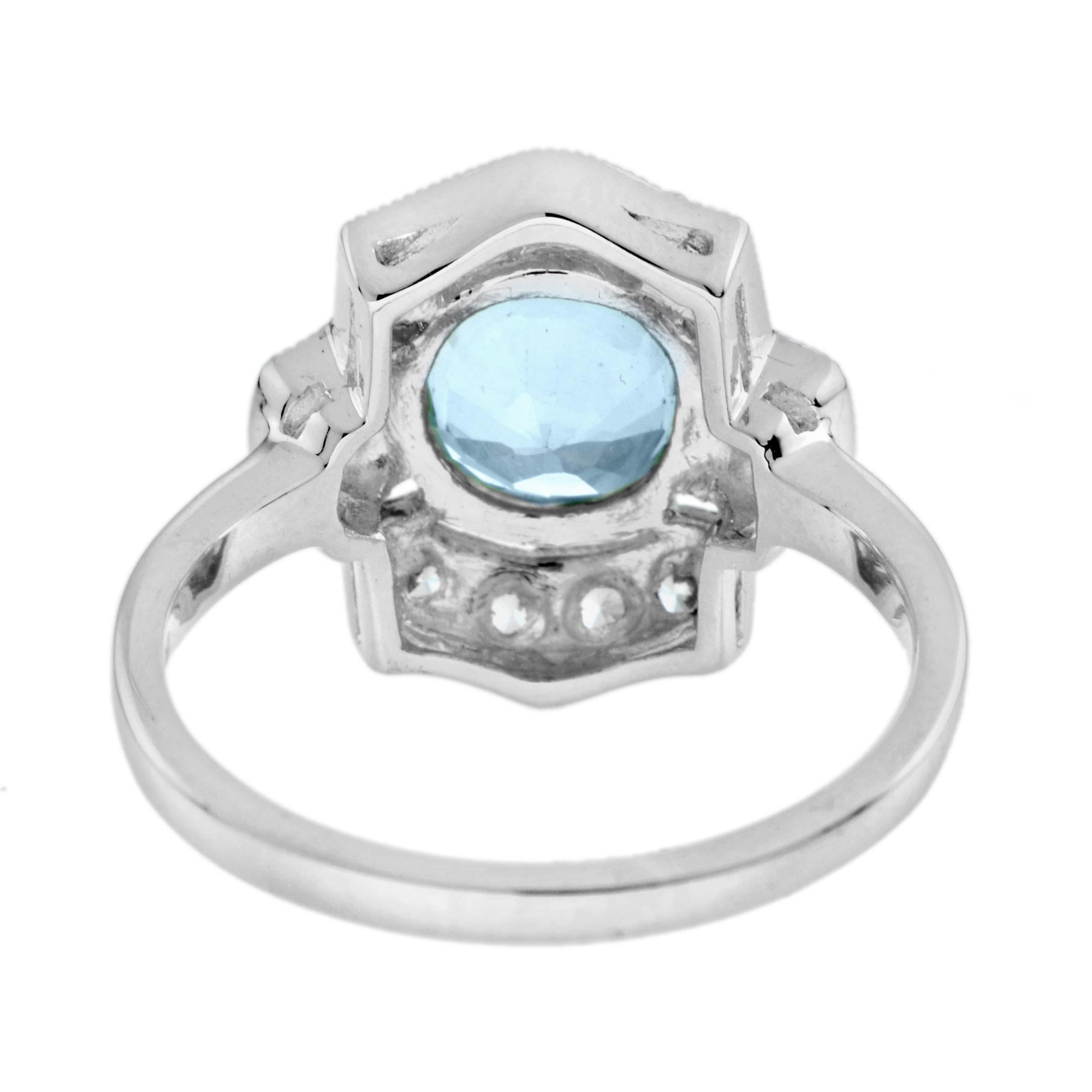 Round Blue Topaz & Diamond Art Deco Style Halo 14K White Gold Ring In New Condition For Sale In Oakton, VA