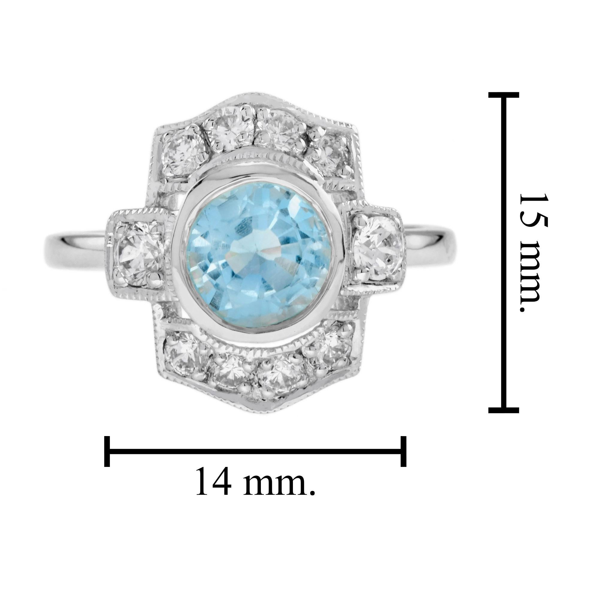 Round Blue Topaz & Diamond Art Deco Style Halo 14K White Gold Ring For Sale 1