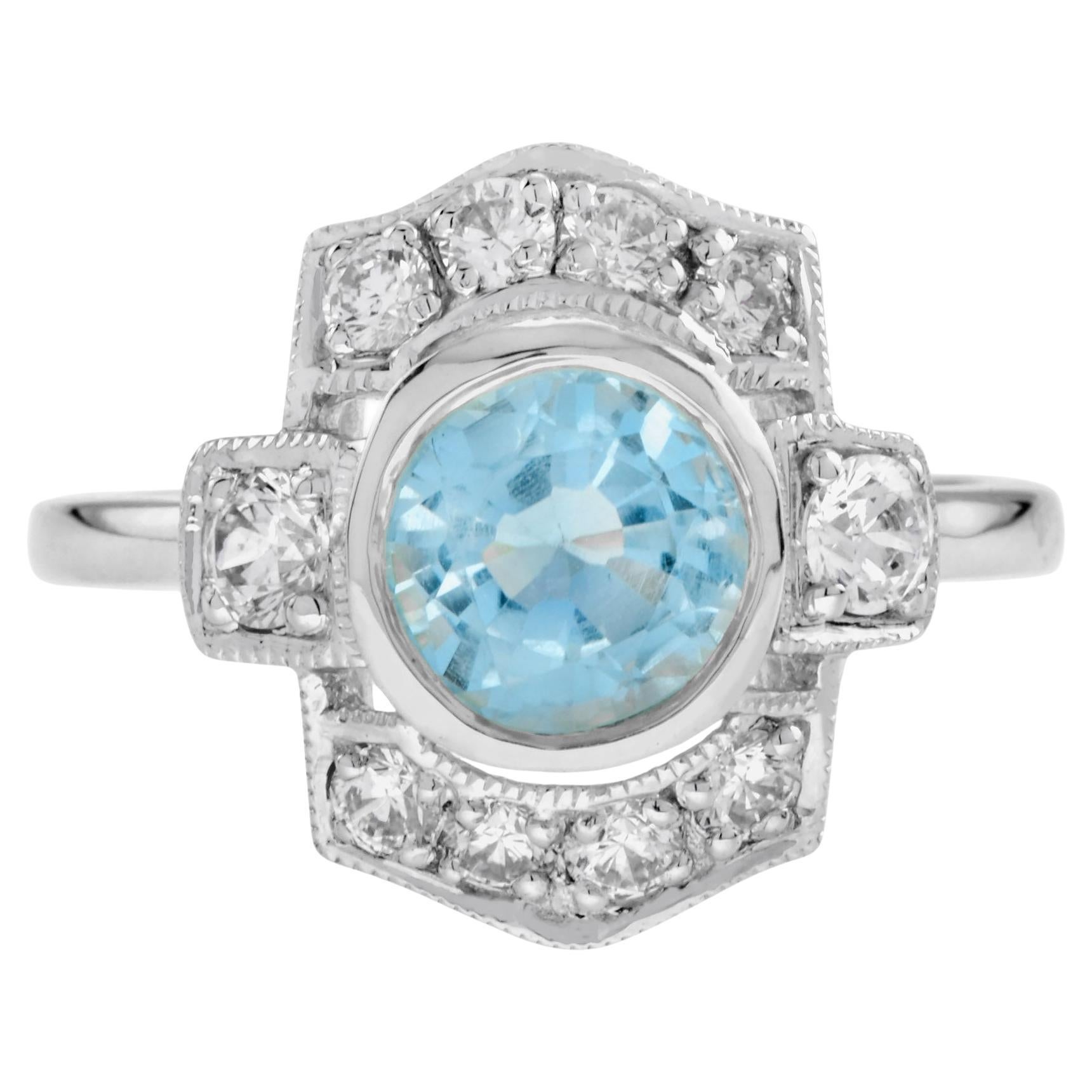 Round Blue Topaz & Diamond Art Deco Style Halo 14K White Gold Ring