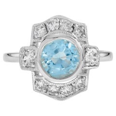 Round Blue Topaz & Diamond Art Deco Style Halo 14K White Gold Ring