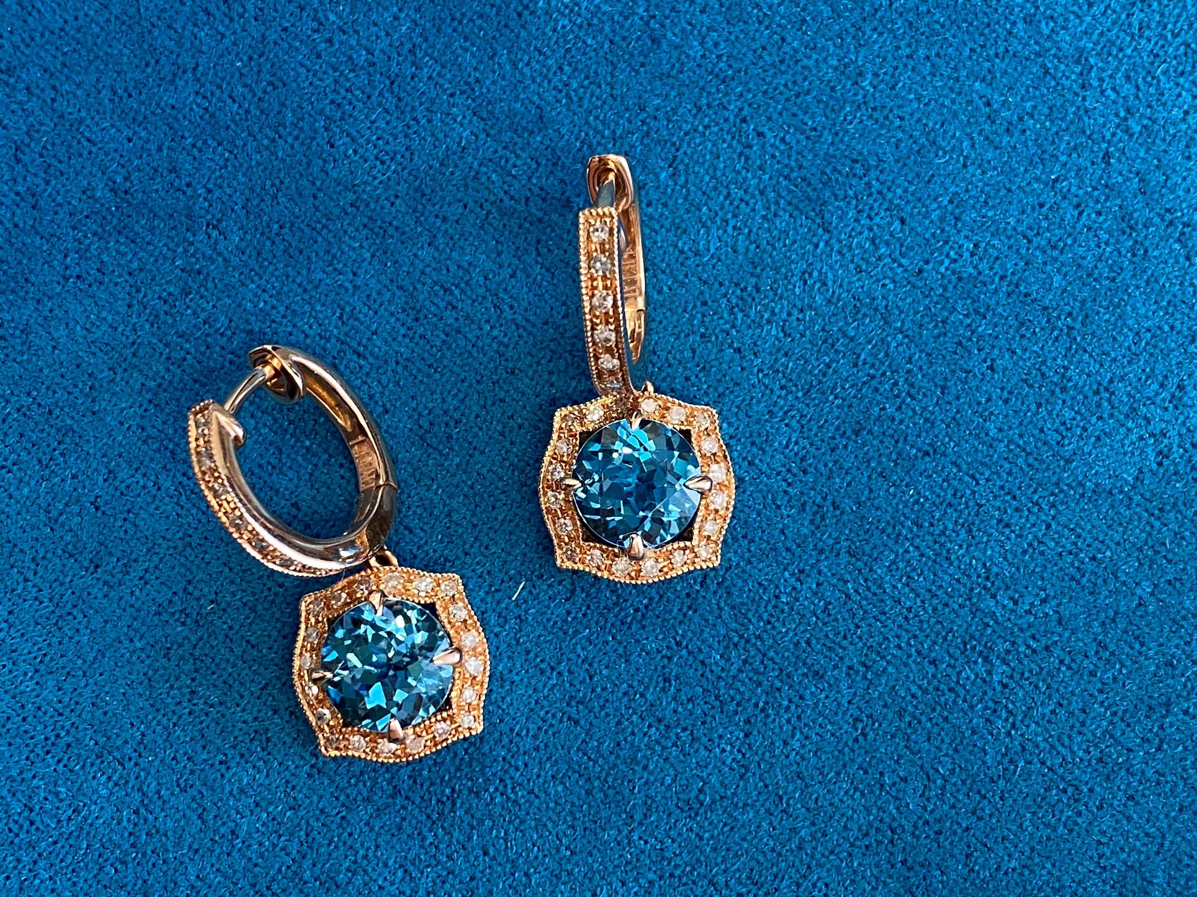 Modern Round Blue Topaz Diamond Halo 14 Karat Rose Gold Huggie Drop Statement Earrings For Sale