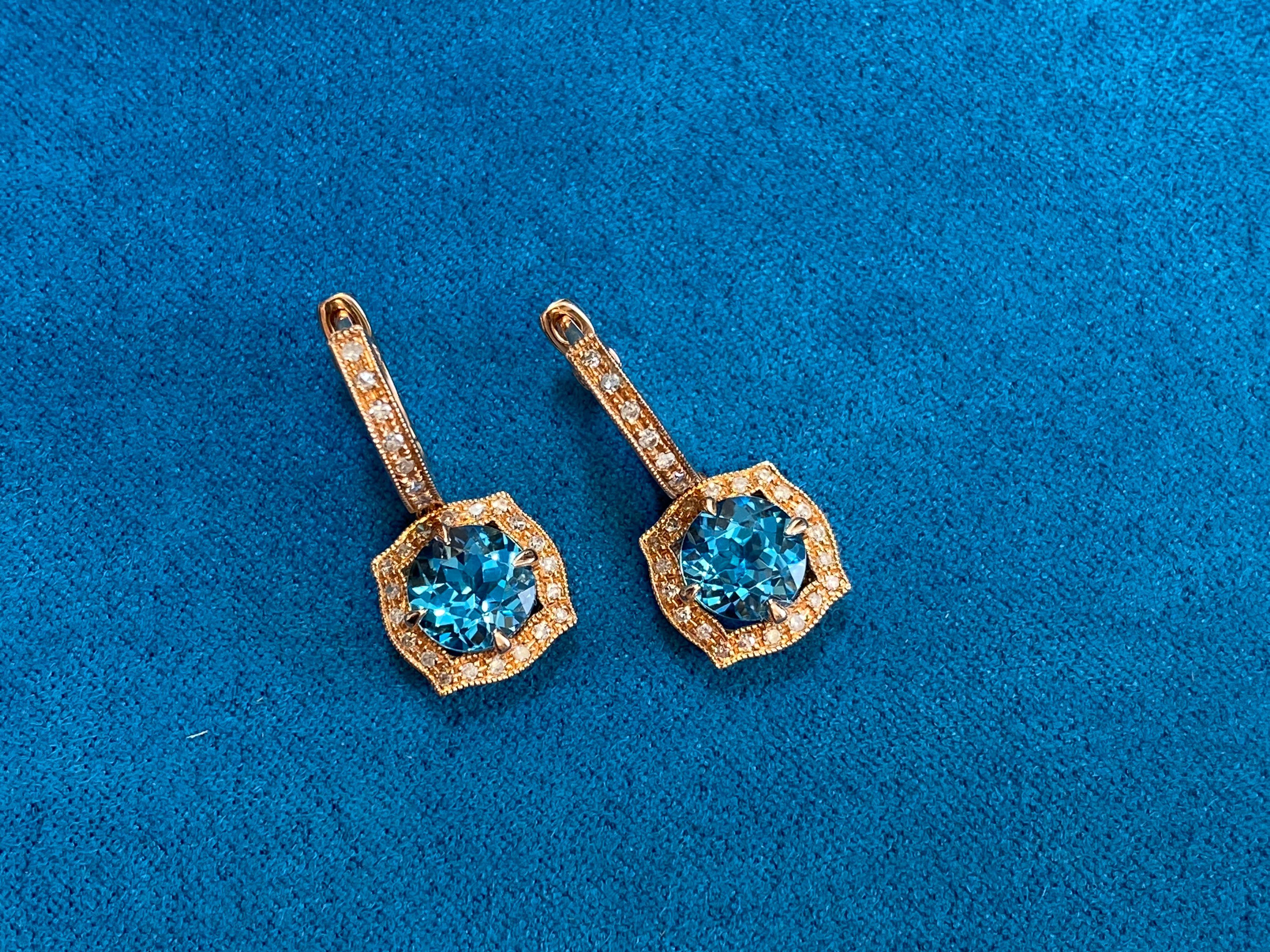 Round Cut Round Blue Topaz Diamond Halo 14 Karat Rose Gold Huggie Drop Statement Earrings For Sale