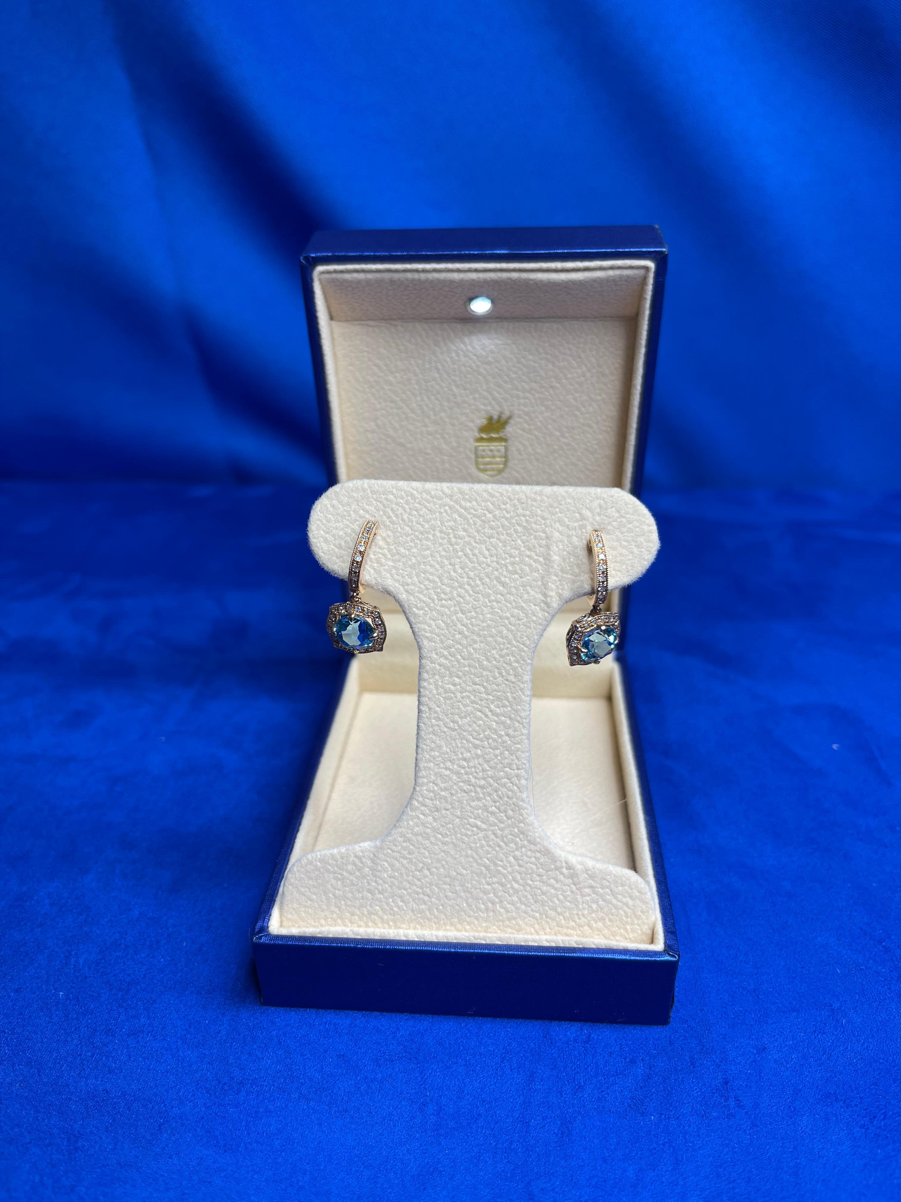 Round Blue Topaz Diamond Halo 14 Karat Rose Gold Huggie Drop Statement Earrings For Sale 2