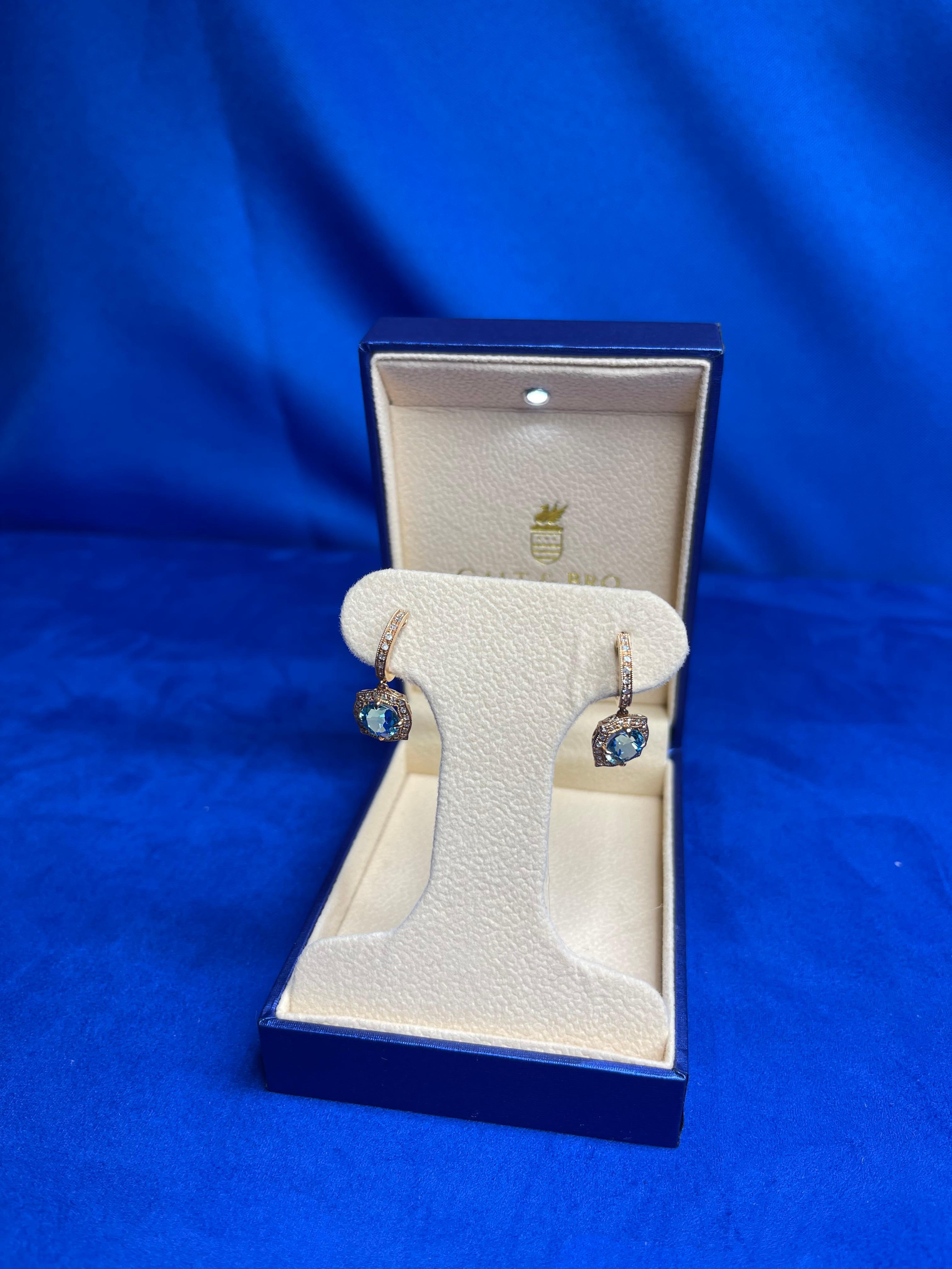 Round Blue Topaz Diamond Halo 14 Karat Rose Gold Huggie Drop Statement Earrings For Sale 4