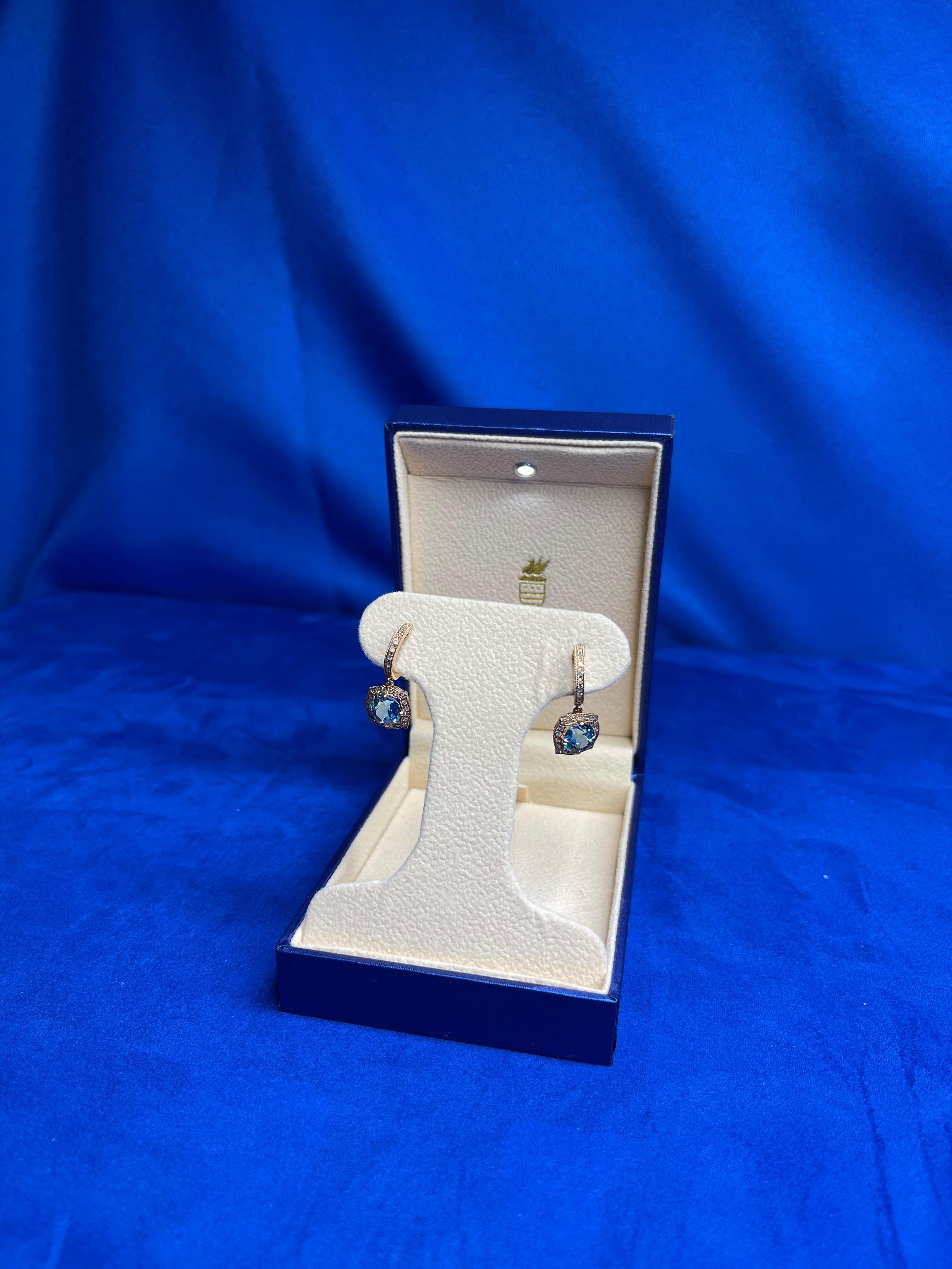 Round Blue Topaz Diamond Halo 14 Karat Rose Gold Huggie Drop Statement Earrings For Sale 5