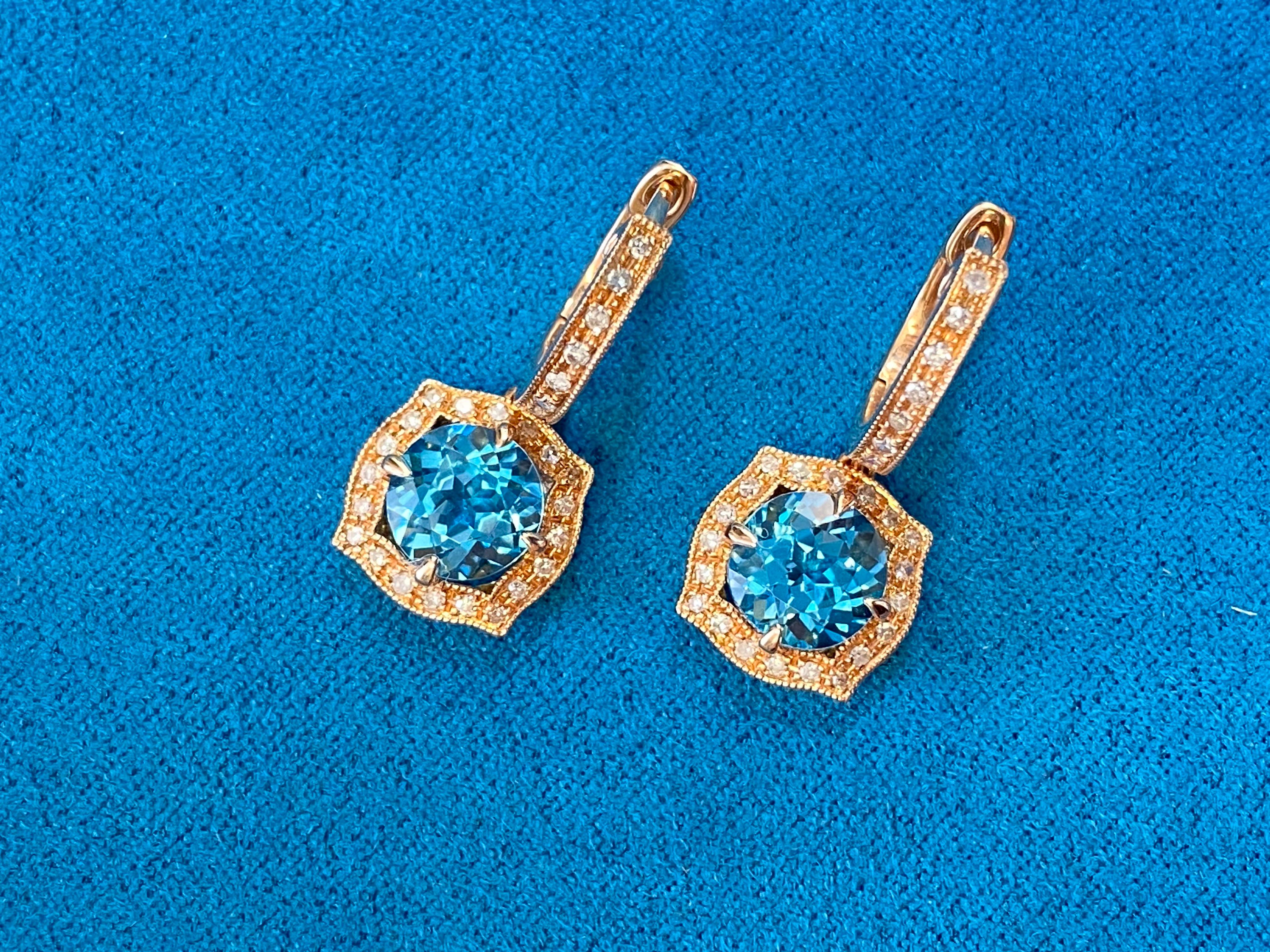 Round Blue Topaz Diamond Halo 14 Karat Rose Gold Huggie Drop Statement Earrings In New Condition For Sale In Oakton, VA
