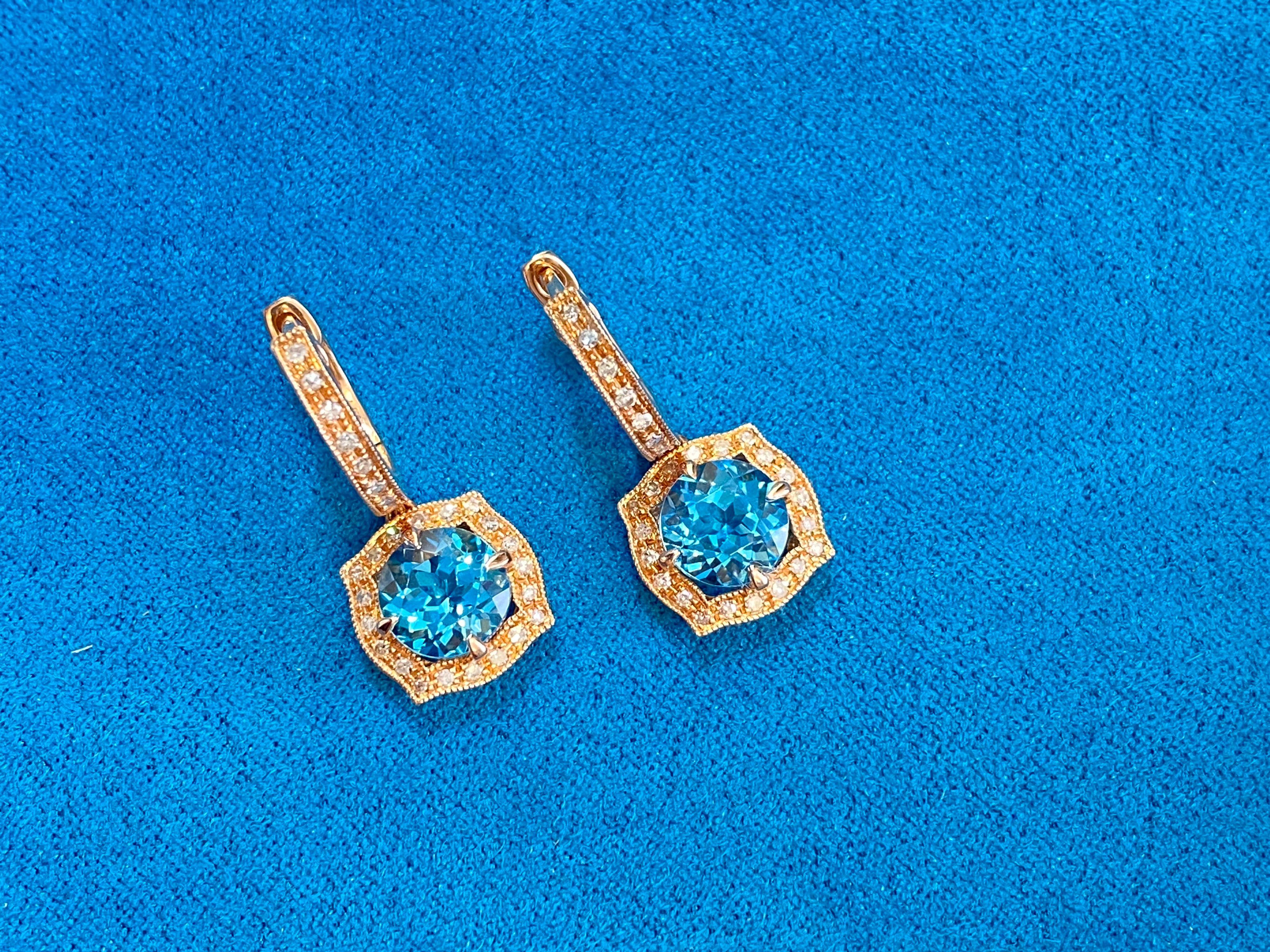 Women's Round Blue Topaz Diamond Halo 14 Karat Rose Gold Huggie Drop Statement Earrings For Sale