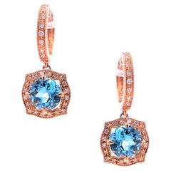Round Blue Topaz Diamond Halo 14 Karat Rose Gold Huggie Drop Statement Earrings