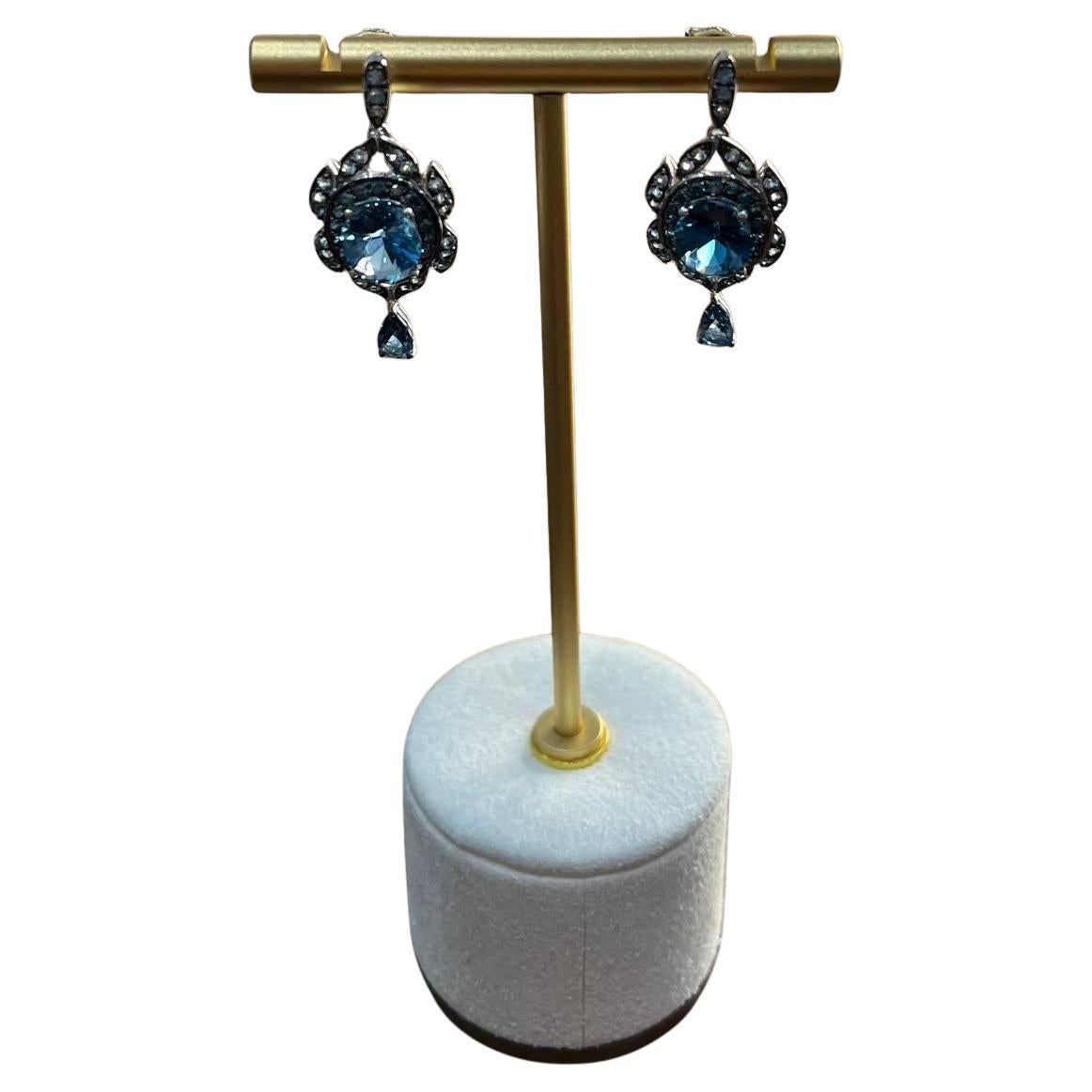Round Blue Topaz Leaf Nature Diamonds 14 K White Gold Teardrop Dangle Earrings For Sale
