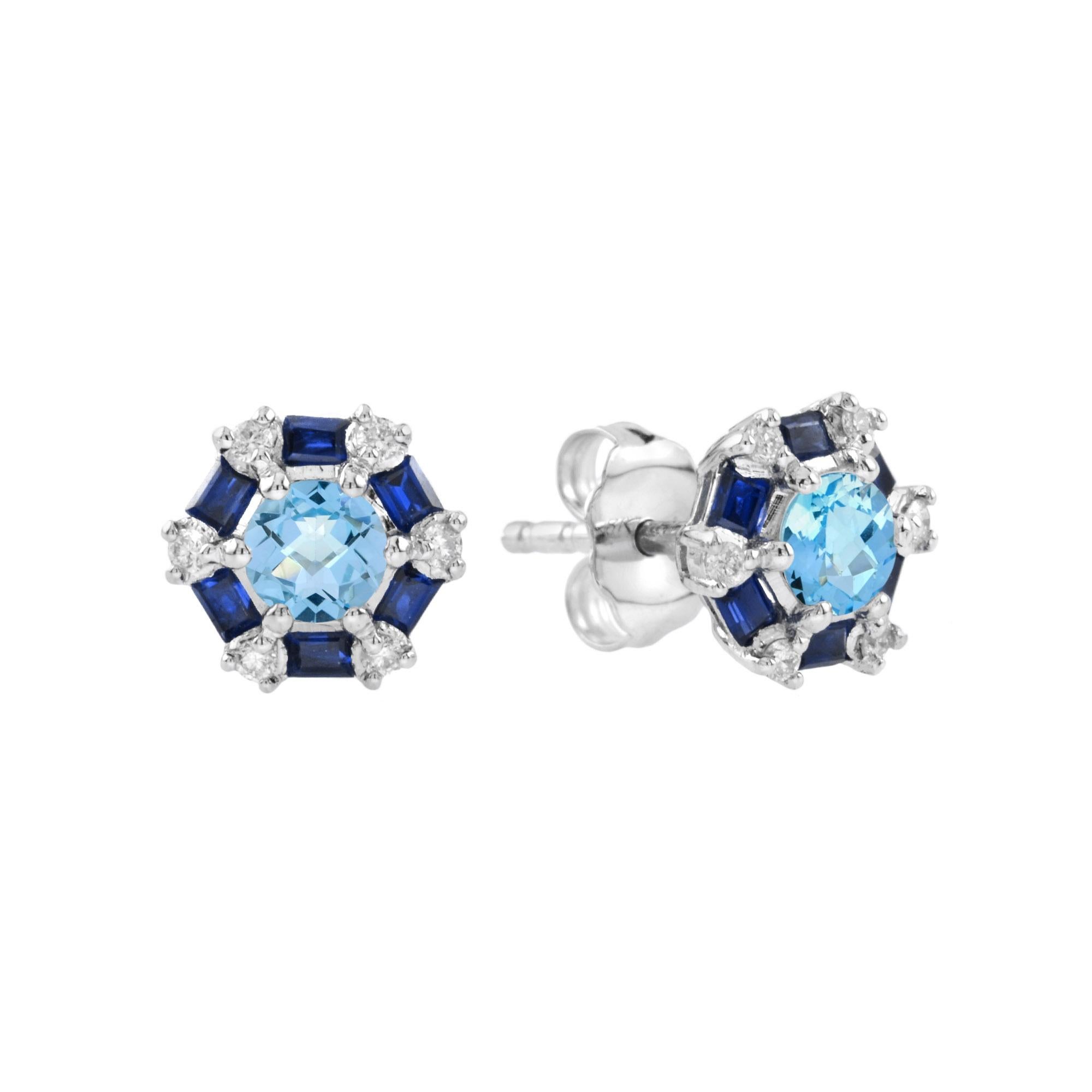 Round Blue Topaz Sapphire and Diamond Target Stud Earrings in 14K White Gold For Sale