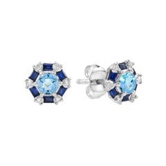 Round Blue Topaz Sapphire and Diamond Target Stud Earrings in 14K White Gold