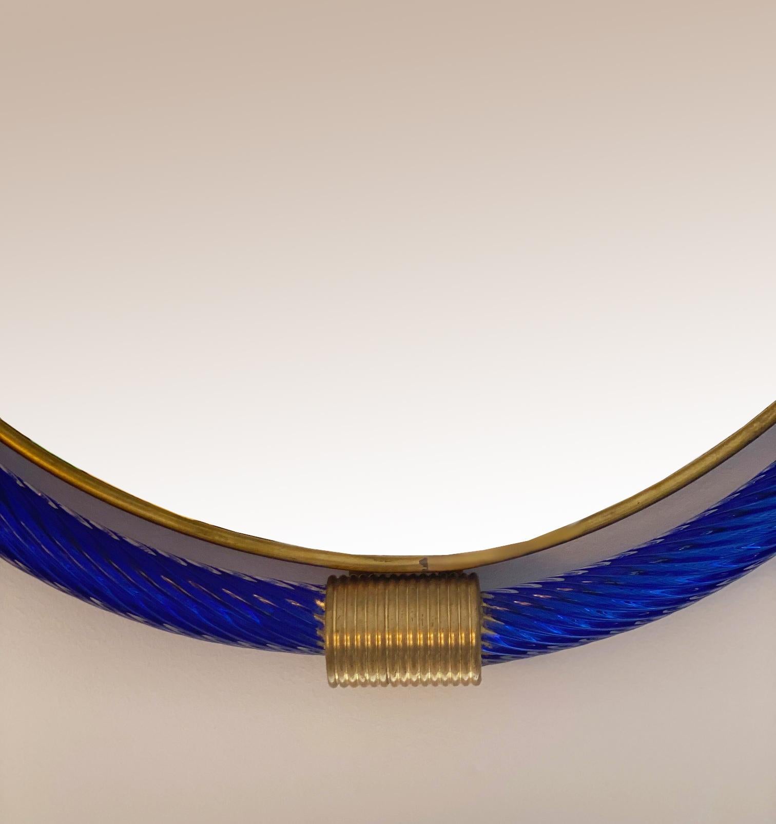 Mid-Century Modern Round Blue Twisted Rope Murano Glass Mirror, in Stock