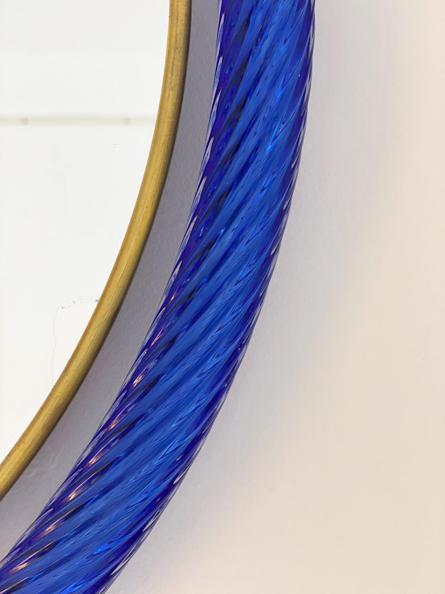 Italian Round Blue Twisted Rope Murano Glass Mirror, in Stock