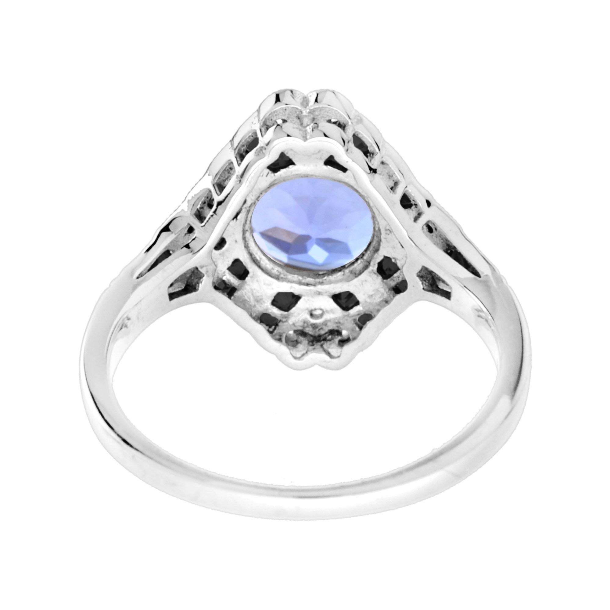 Art Déco Anello rotondo blu-viola con tanzanite, diamanti e onice in stile Art Deco in oro bianco 18 carati in vendita