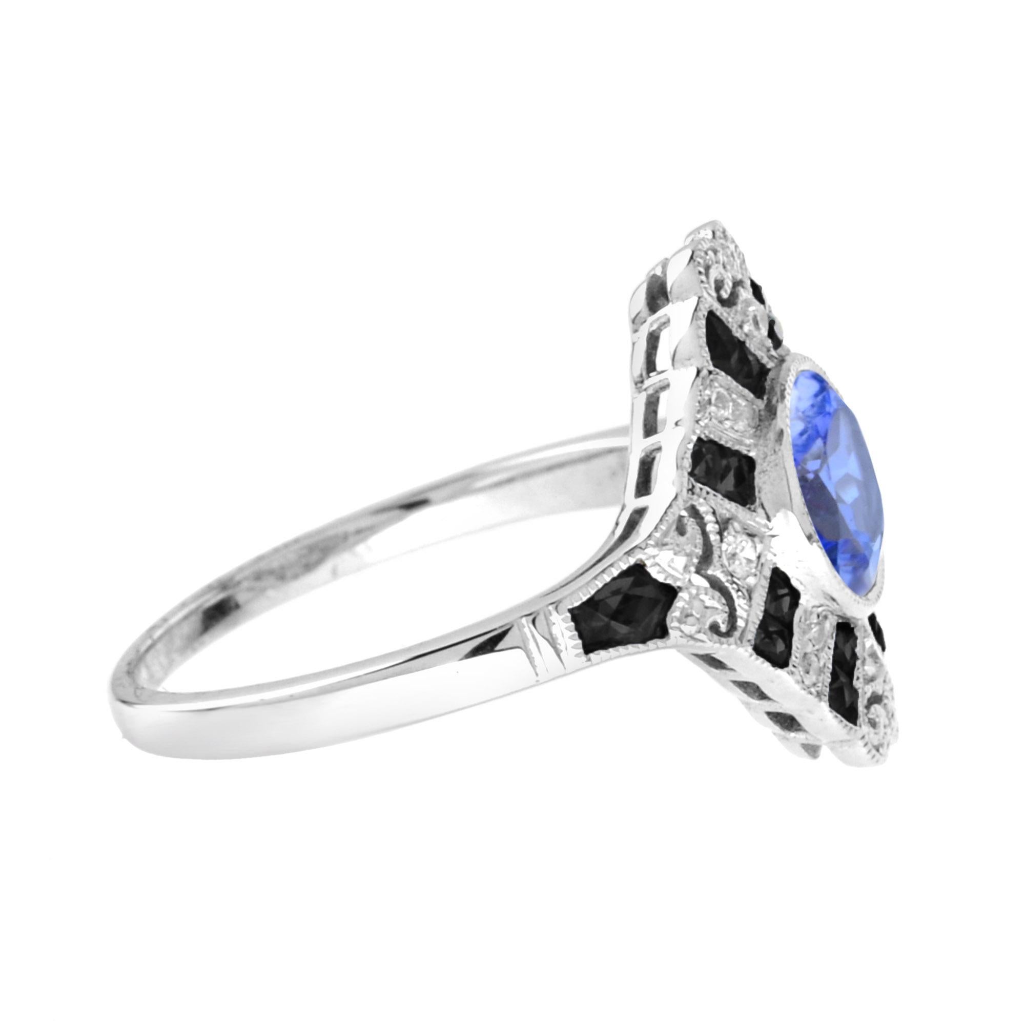 Taglio rotondo Anello rotondo blu-viola con tanzanite, diamanti e onice in stile Art Deco in oro bianco 18 carati in vendita