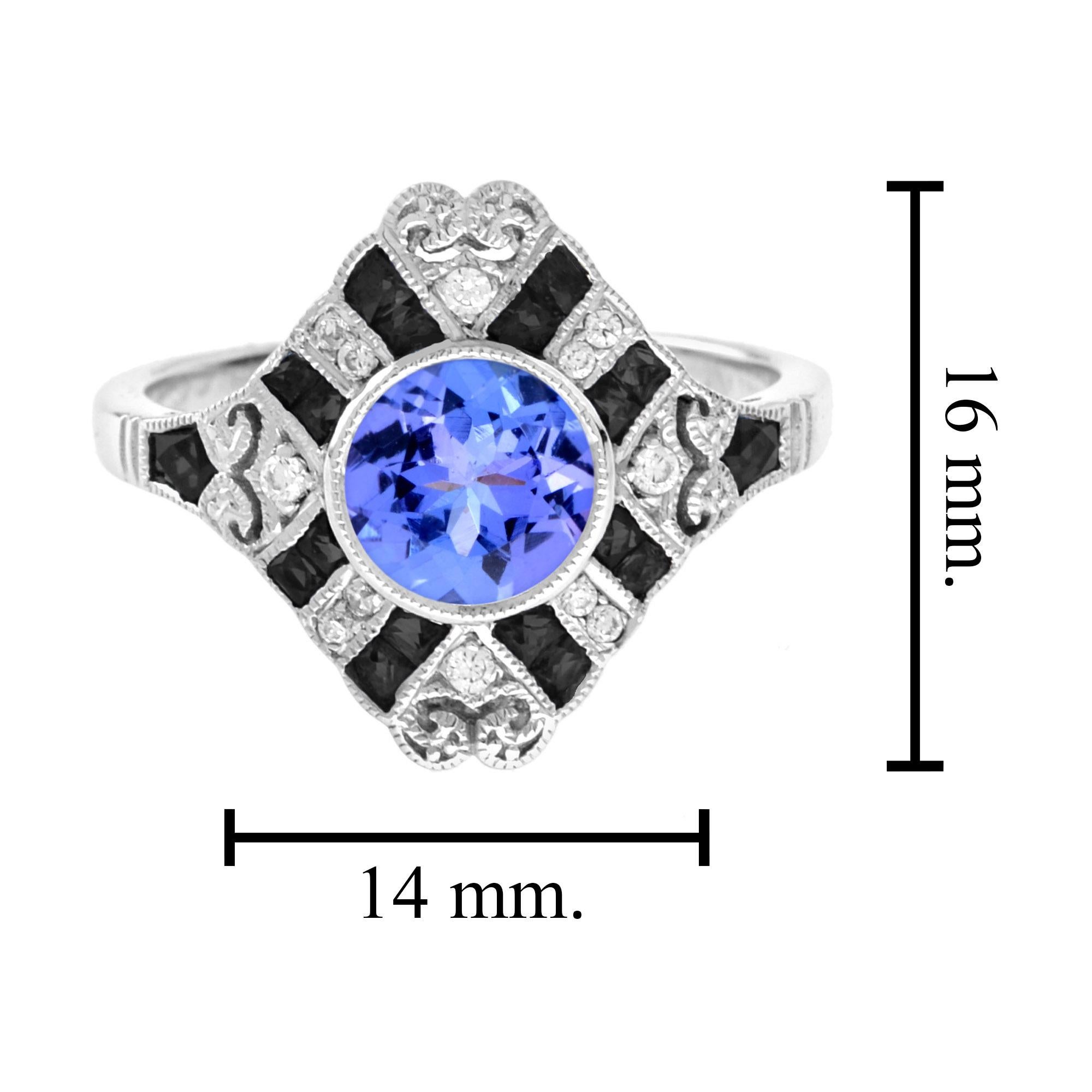 Donna Anello rotondo blu-viola con tanzanite, diamanti e onice in stile Art Deco in oro bianco 18 carati in vendita