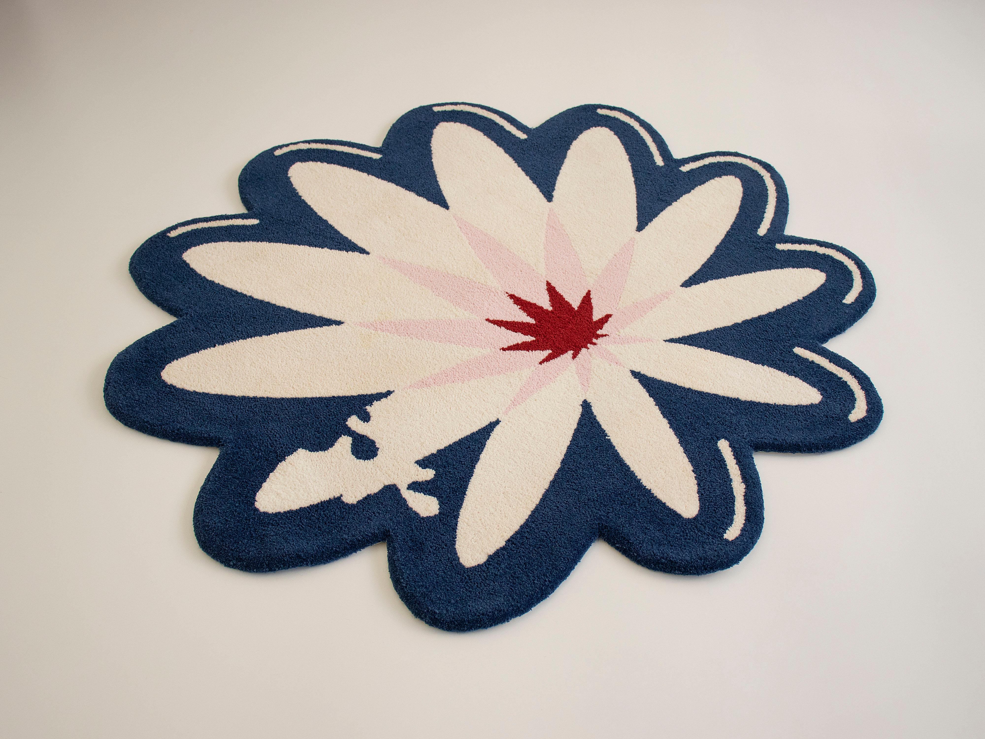 Brazilian Round Blue, White & Red Flower Rug from Graffiti Collection by Paulo Kobylka For Sale