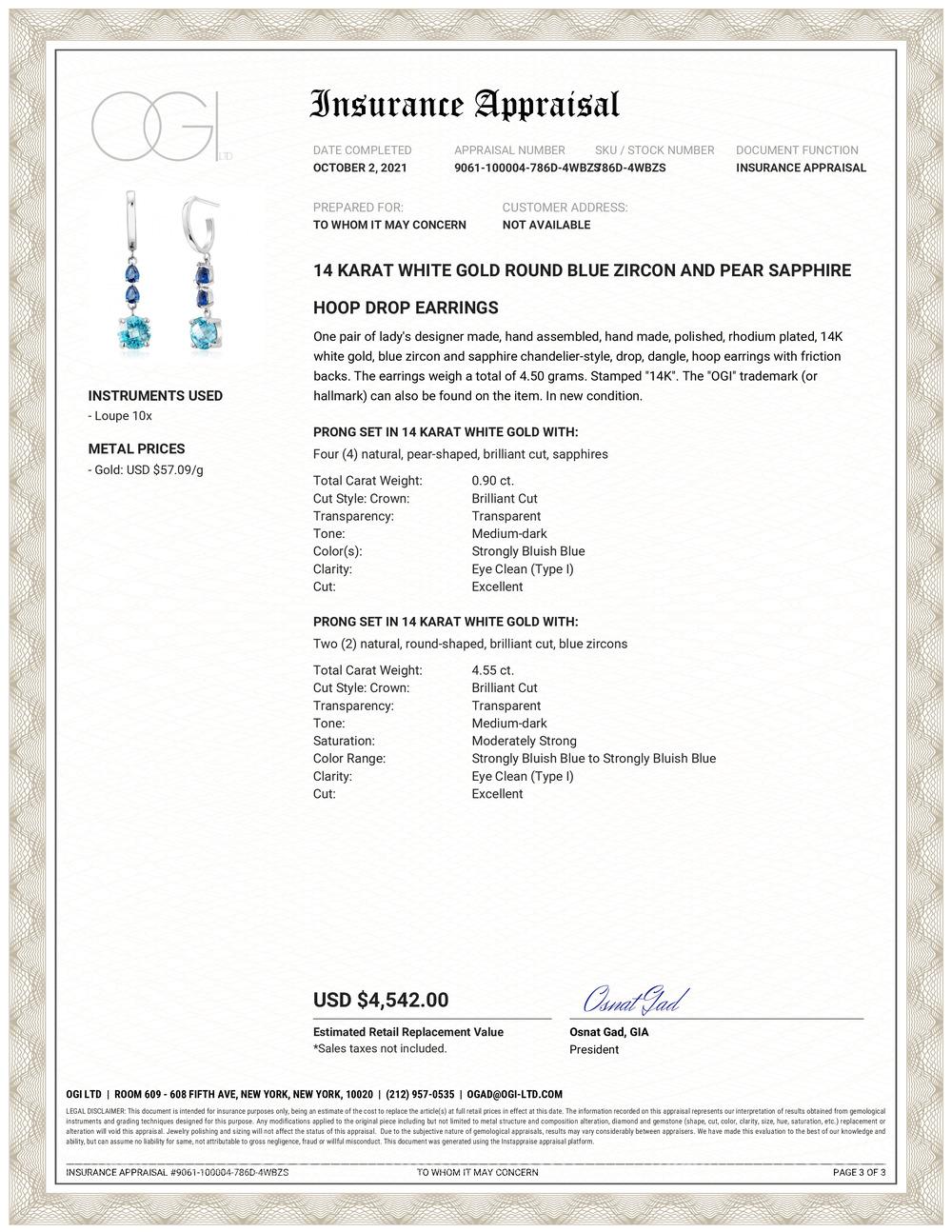 14 Karat white gold round blue Zircon and pear-shaped sapphire hoop drop earrings
Four pear-shaped sapphires weighing 0.90 carat
Two round blue zircon weighing 4.55 carats
Blue Zircon hue is of aqua blue tone 
New Earrings
One of a kind earrings