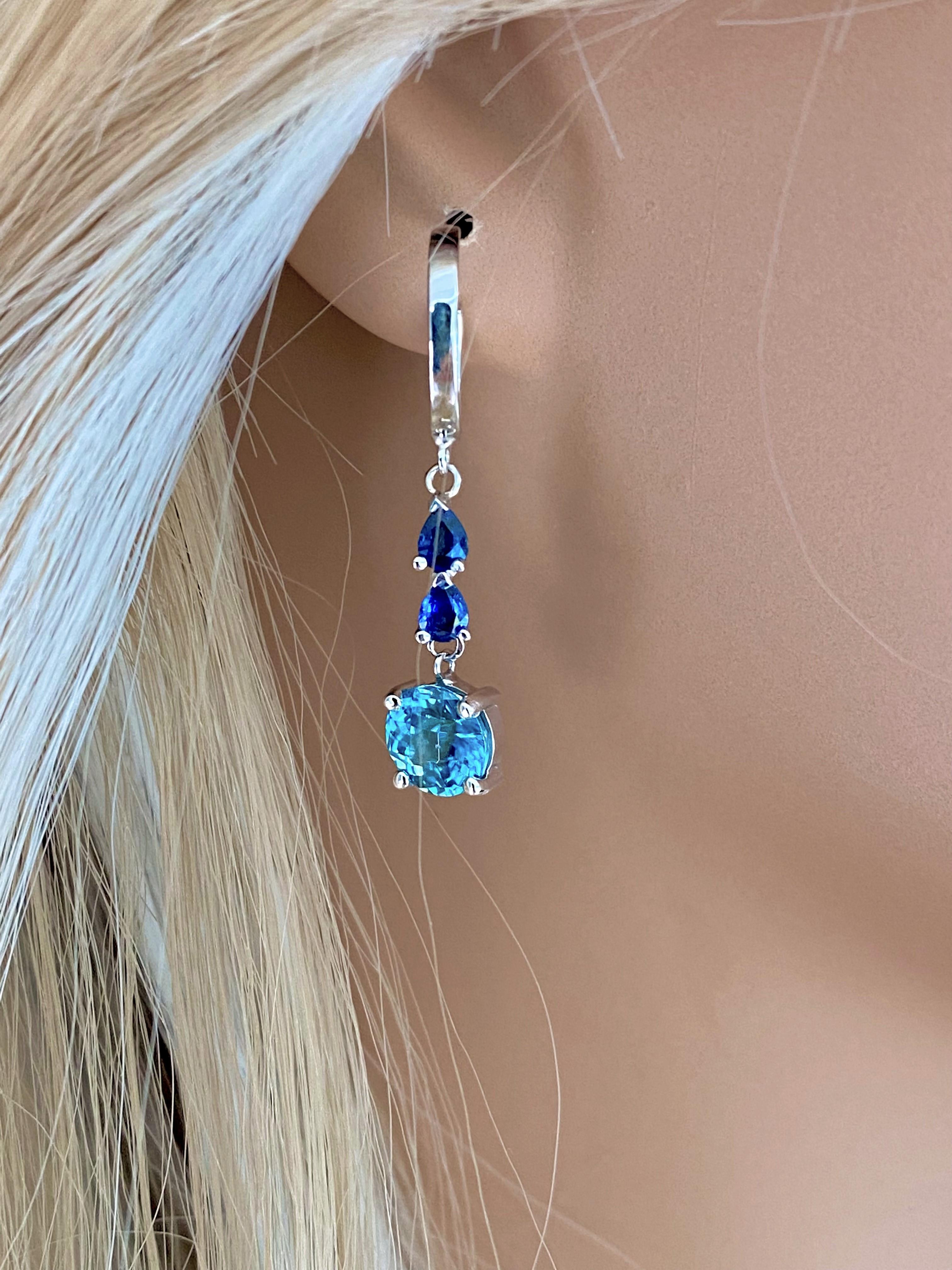 Contemporary Round Blue Zircon and Pear Sapphire Gold Hoop Drop Earrings Weighing 5.50 Carat