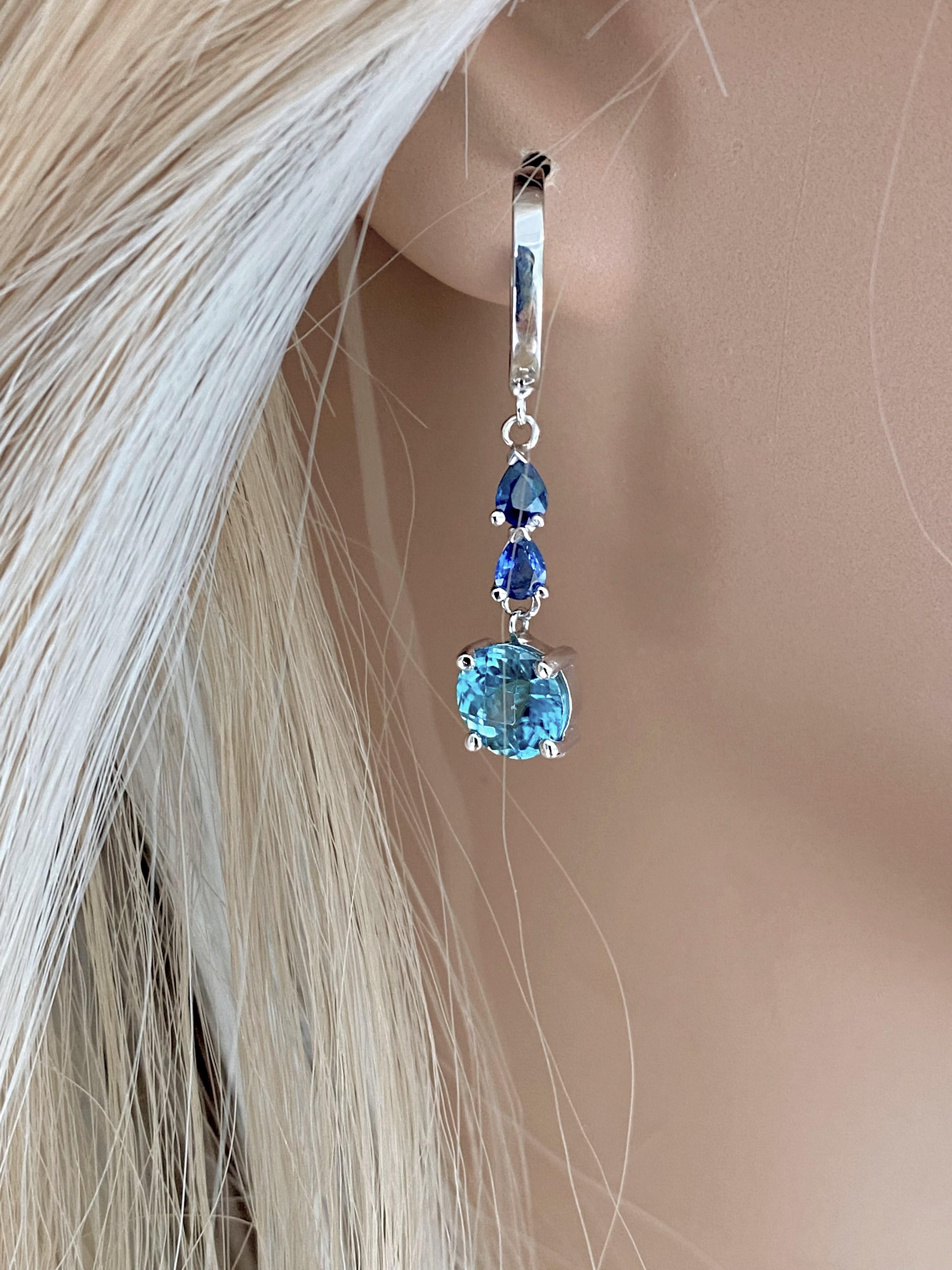 Round Blue Zircon and Pear Sapphire Gold Hoop Drop Earrings Weighing 5.50 Carat In New Condition In New York, NY