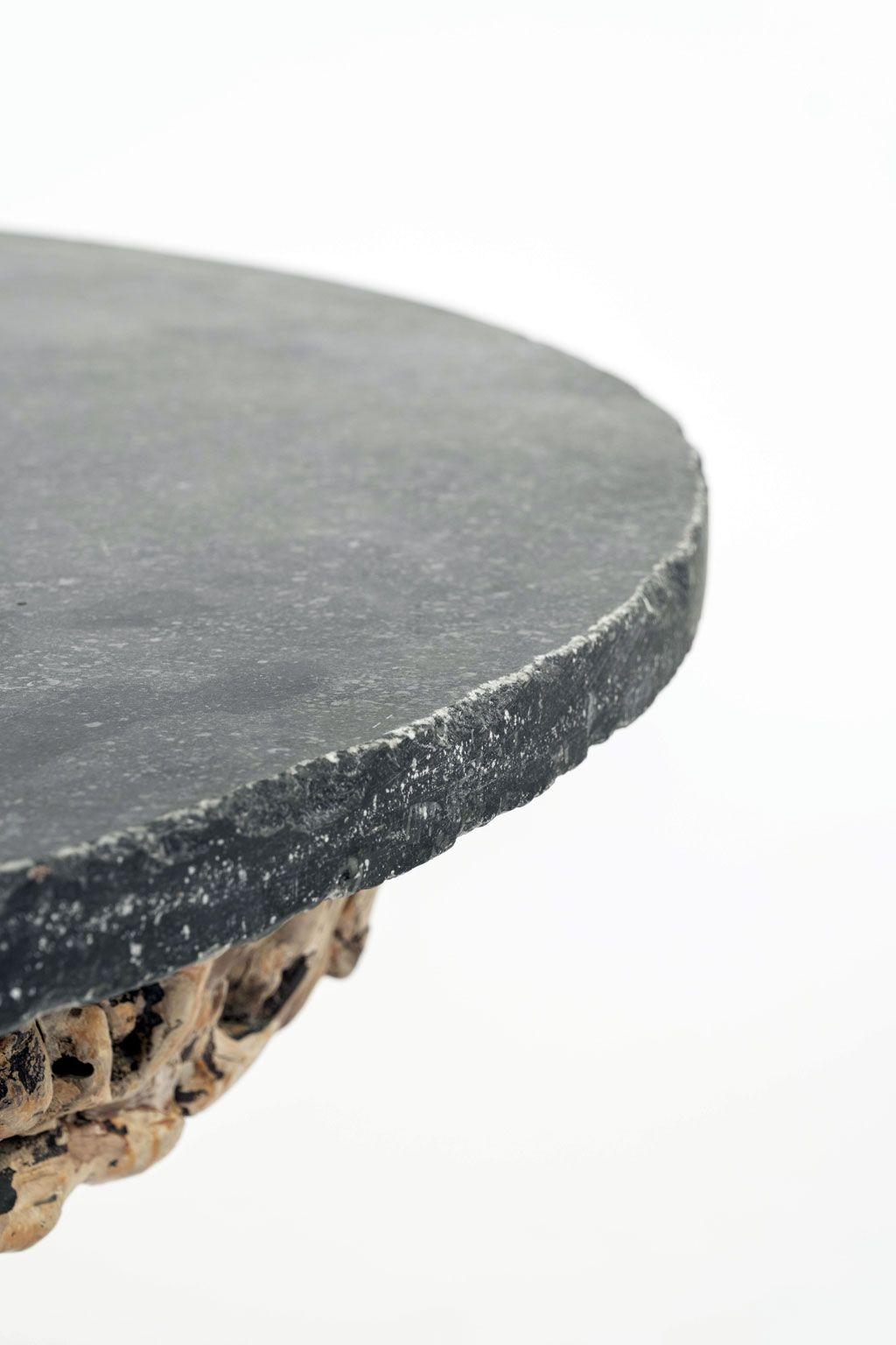 Stone Round Bluestone Top Natural Root Wood Base Table For Sale