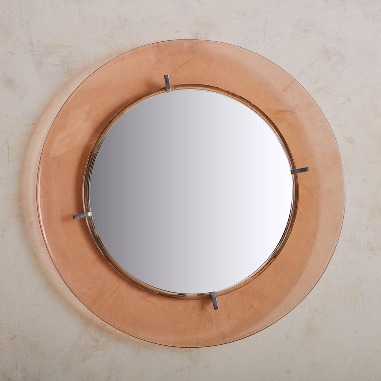 Round Blush Glass Frame Mirror, Italy 20th Century For Sale at 1stDibs