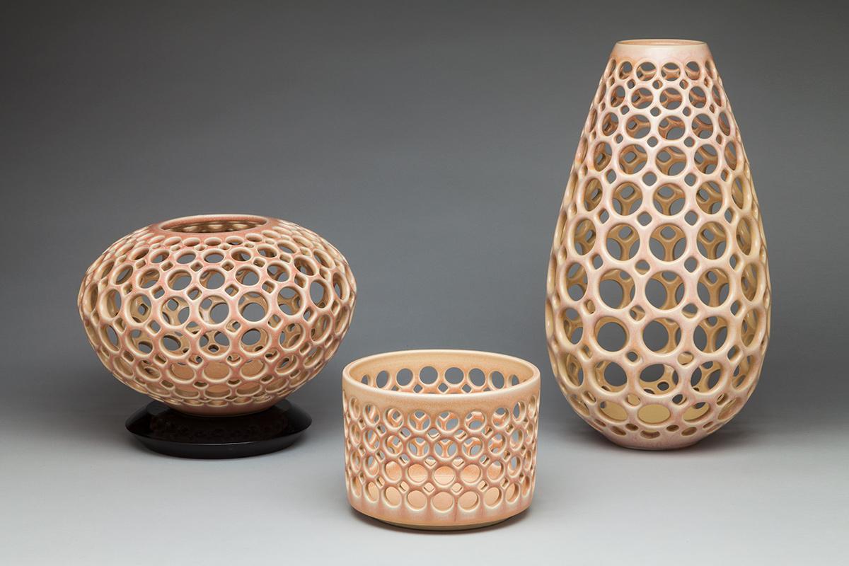 Mid-Century Modern Round Blush / Pink Pierced Tabletop Ceramic Sculpture, In Stock