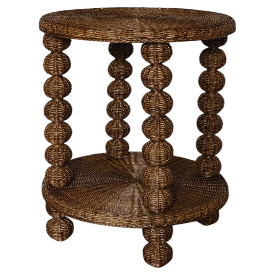 Handcrafted Rattan Side Table in British Colonial Style, 50cm Diameter