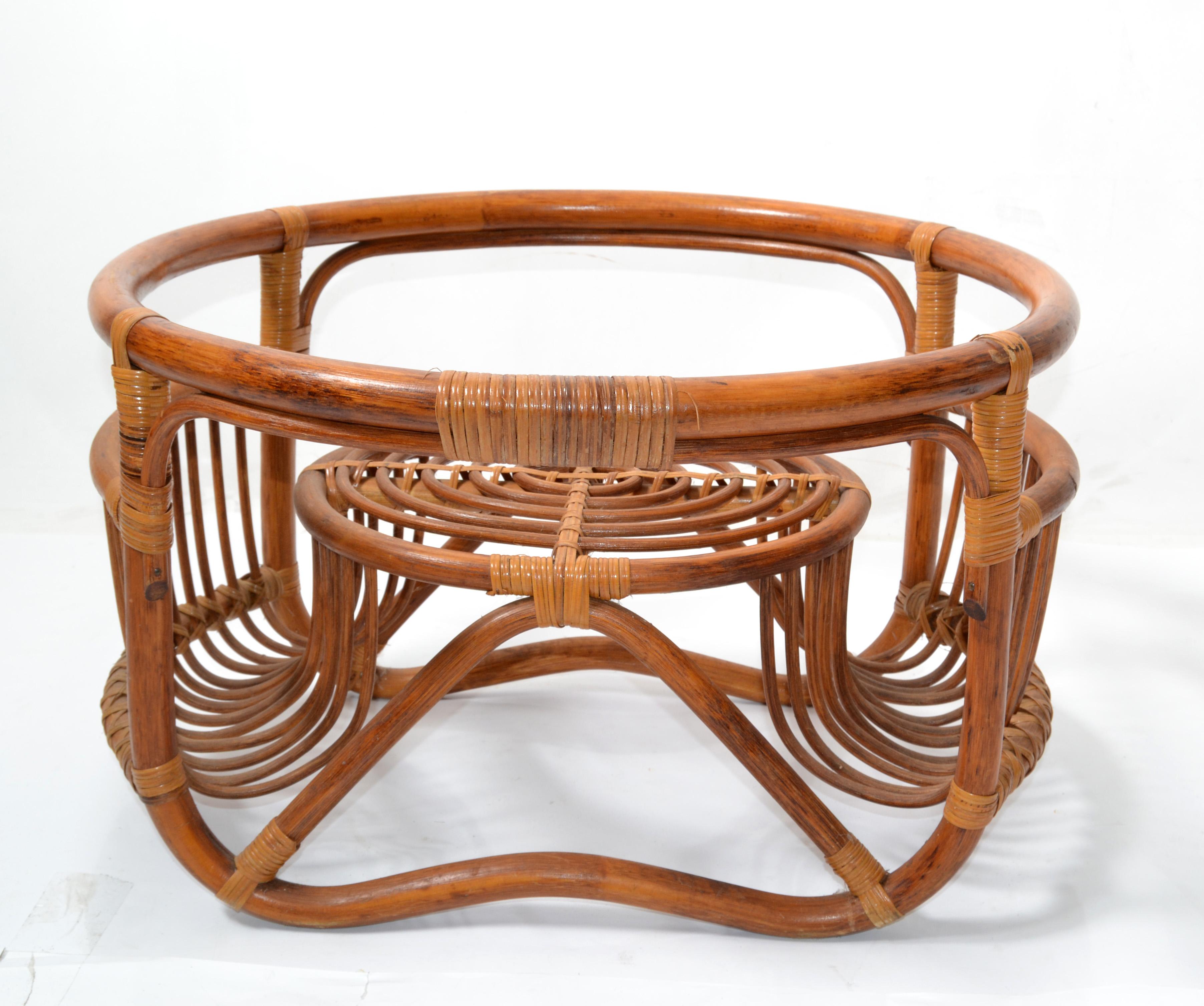 Round Bohemian Chic Bend & Woven Bamboo Glass Top Coffee Table Magazine Stand For Sale 2