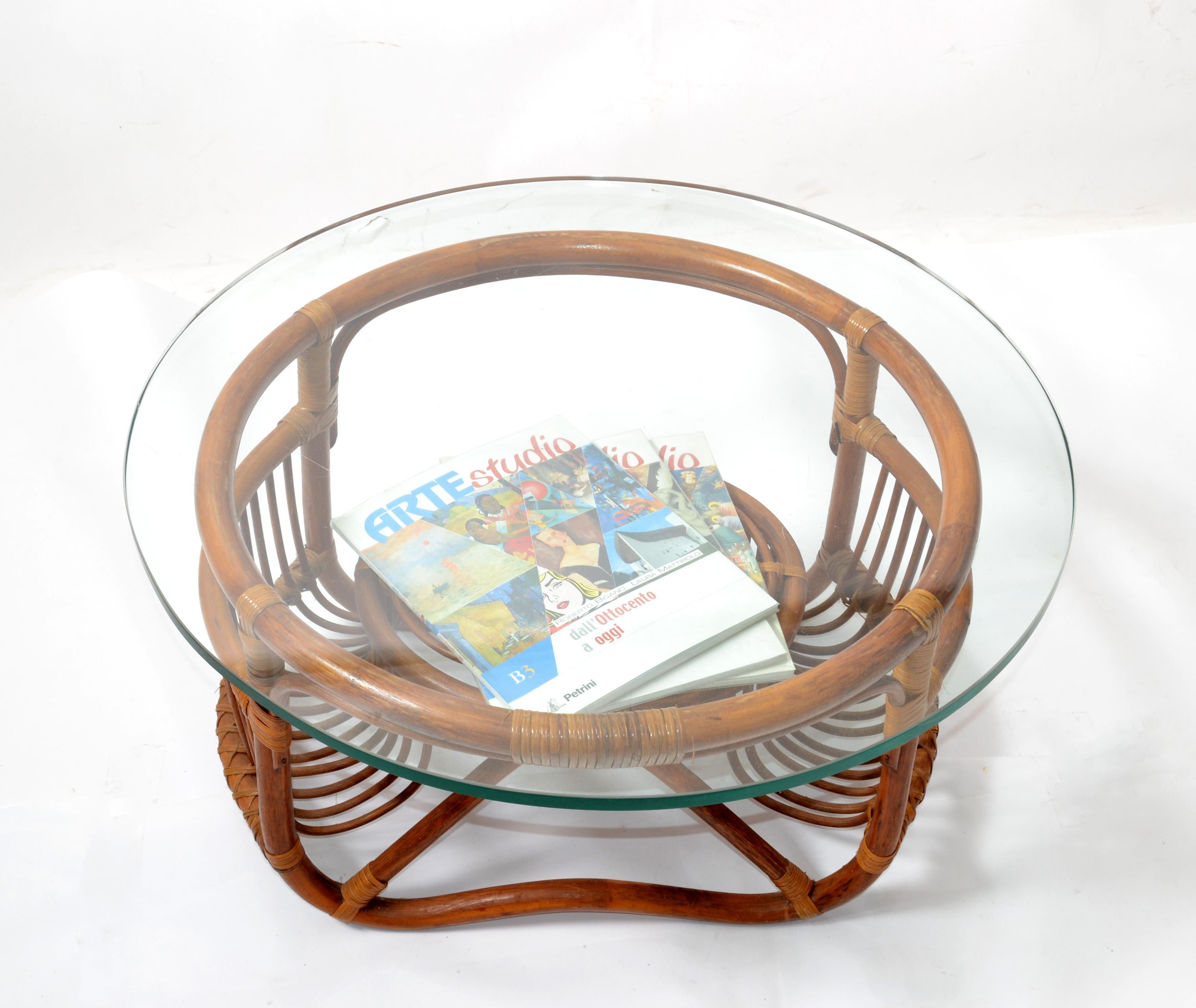 Round Bohemian Chic Bend & Woven Bamboo Glass Top Coffee Table Magazine Stand For Sale 8