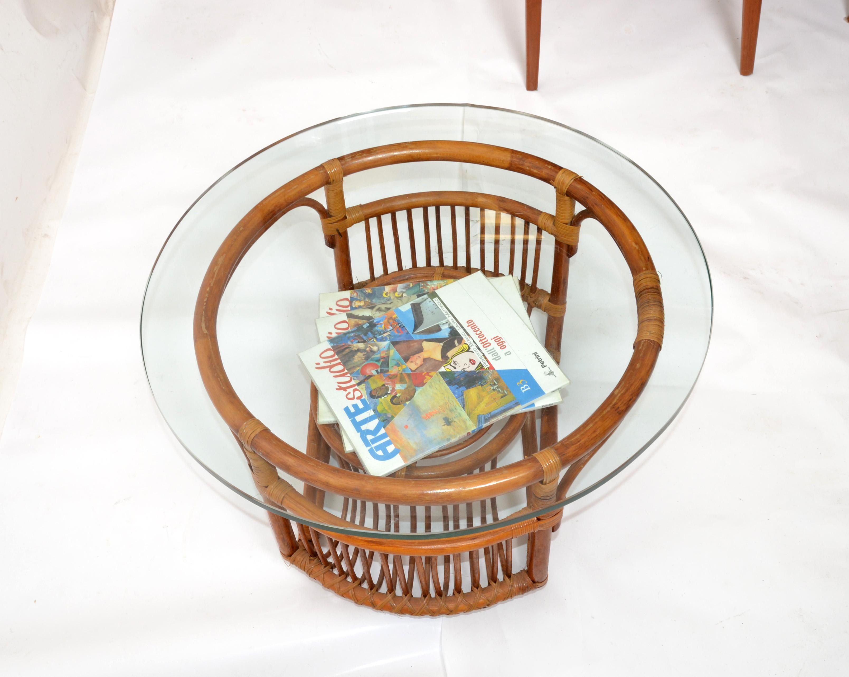 Hand-Woven Round Bohemian Chic Bend & Woven Bamboo Glass Top Coffee Table Magazine Stand For Sale
